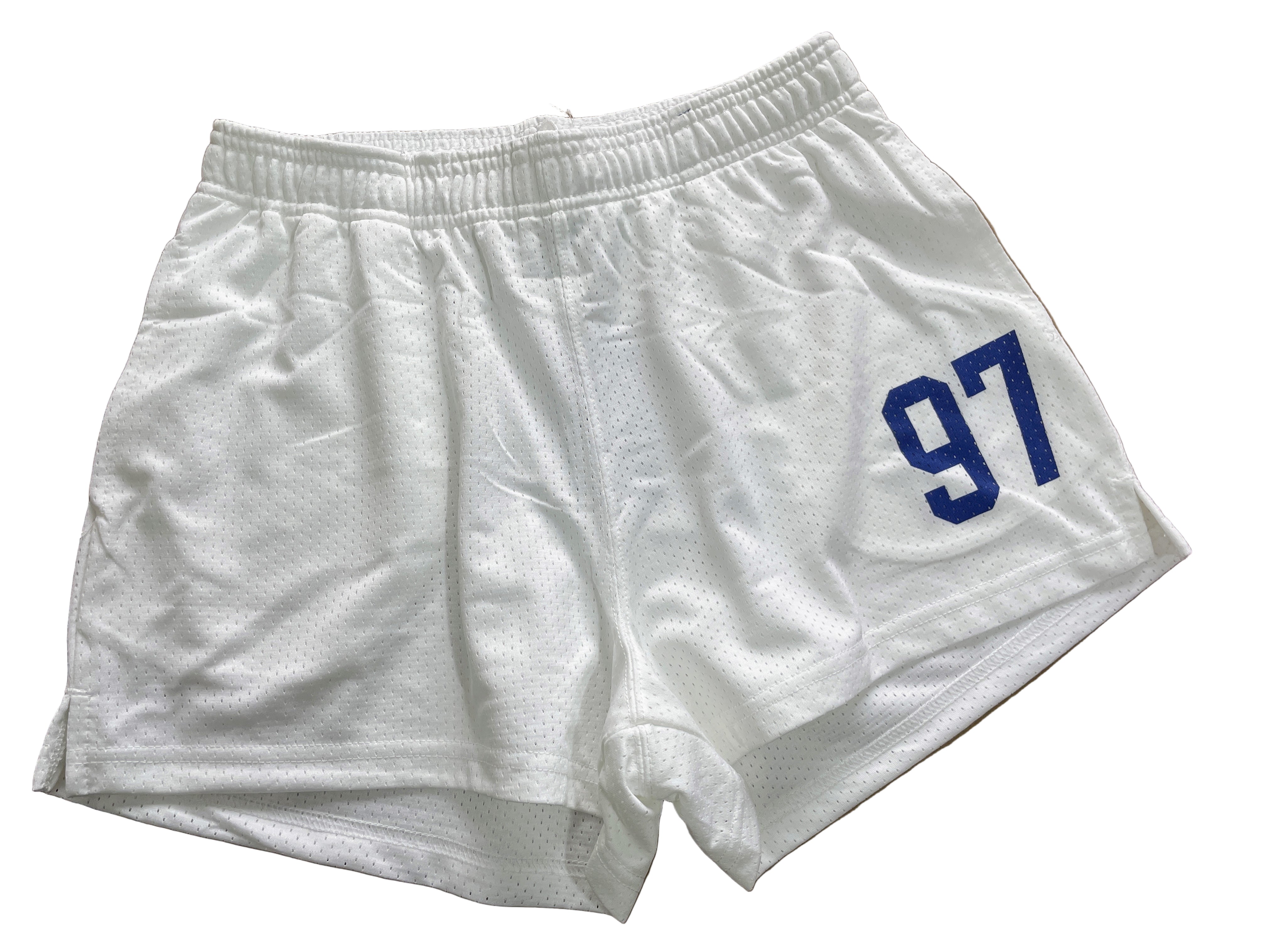 white mesh sports shorts with 97 patch front