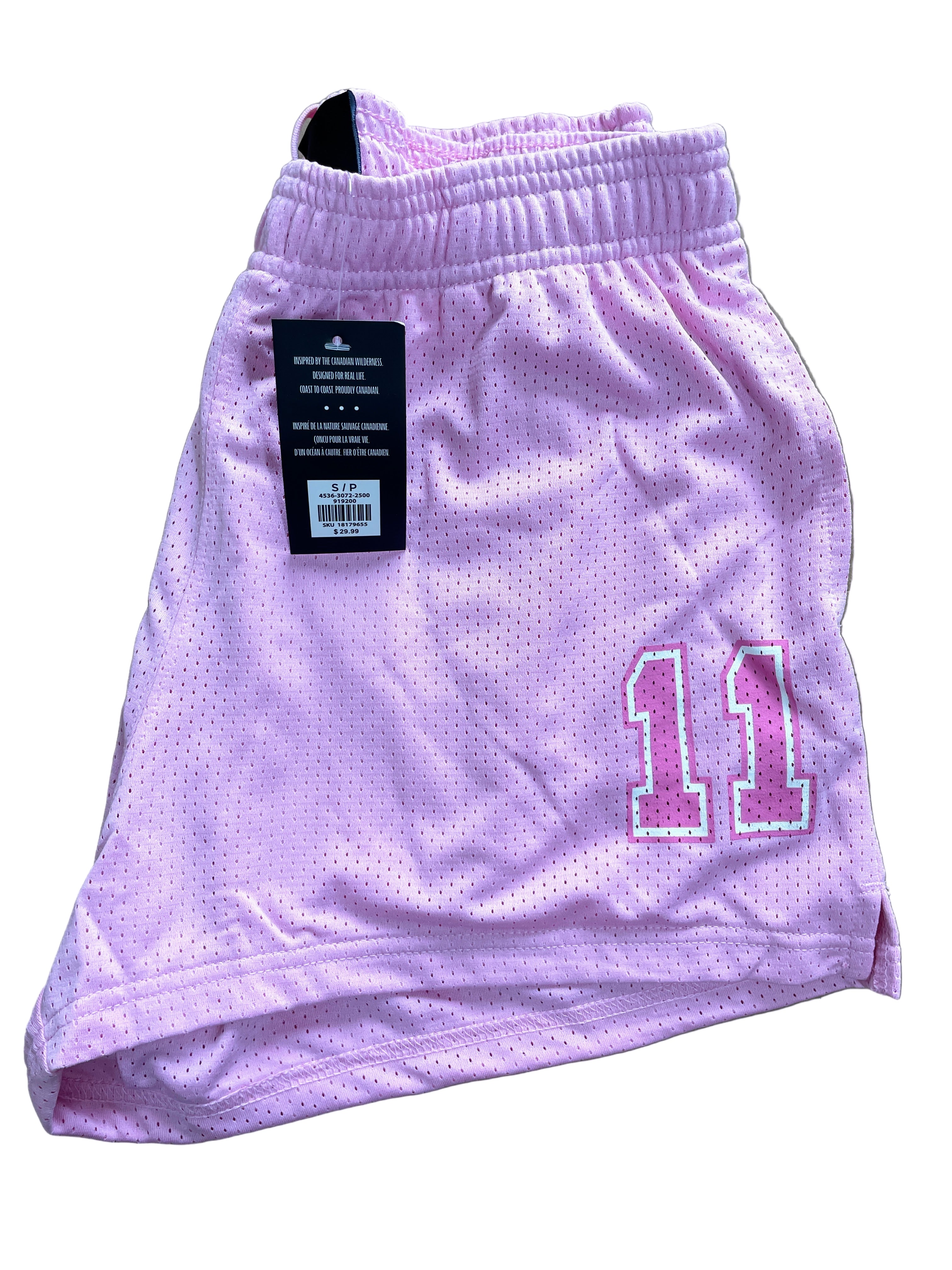 pink mesh sports shorts with 11 patch front