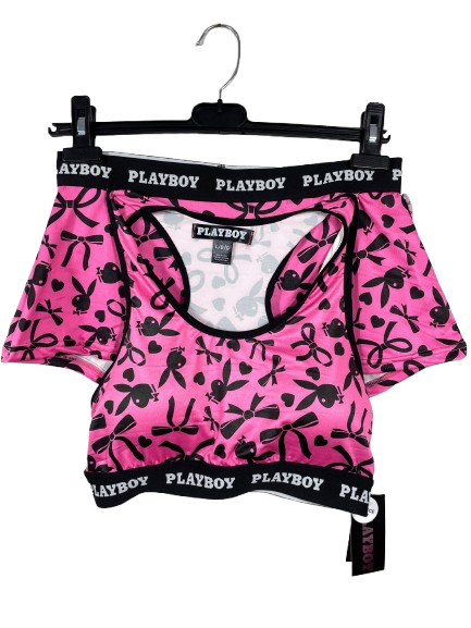 pink Playboy sports bra and boy short set with bow print front
