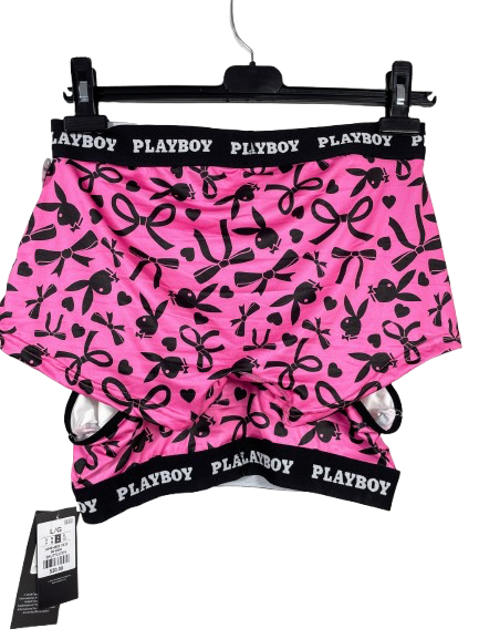pink Playboy boy shorts with black logo waistband back