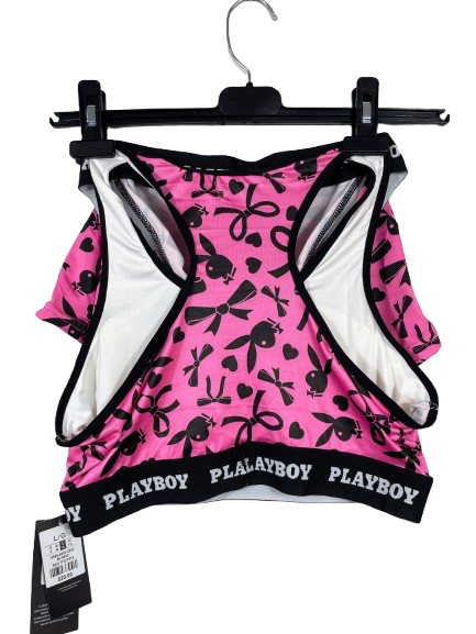 pink Playboy padded sports bra with bow and bunny print back