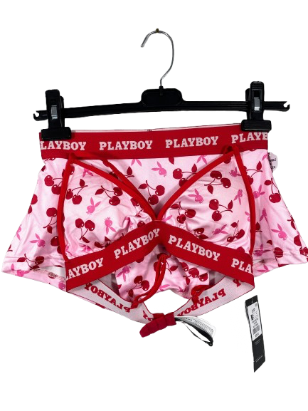 Playboy boxer briefs with cherry design on a hanger against a white background