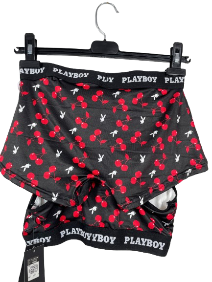 Playboy boxer briefs with cherry pattern on a hanger