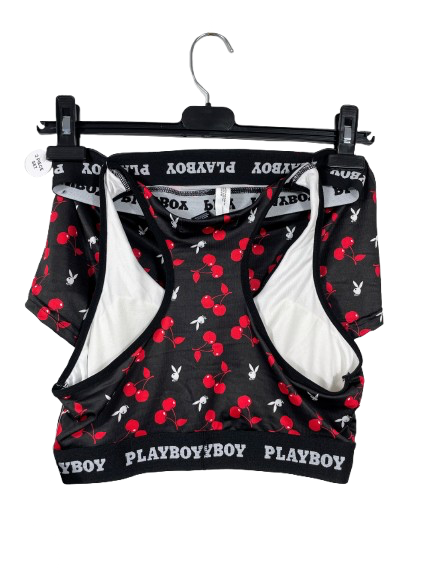 Playboy branded lingerie set on a hanger against a white background