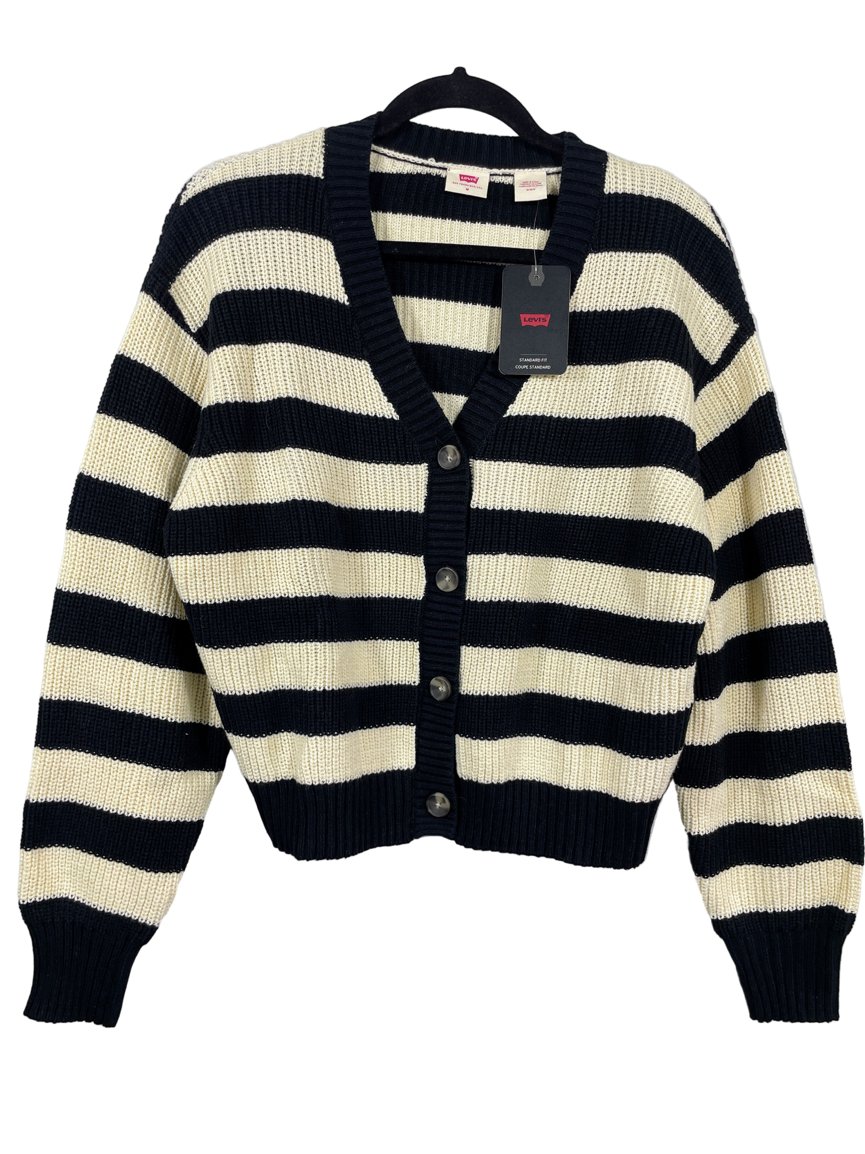 Levi’s black and cream striped cardigan front view