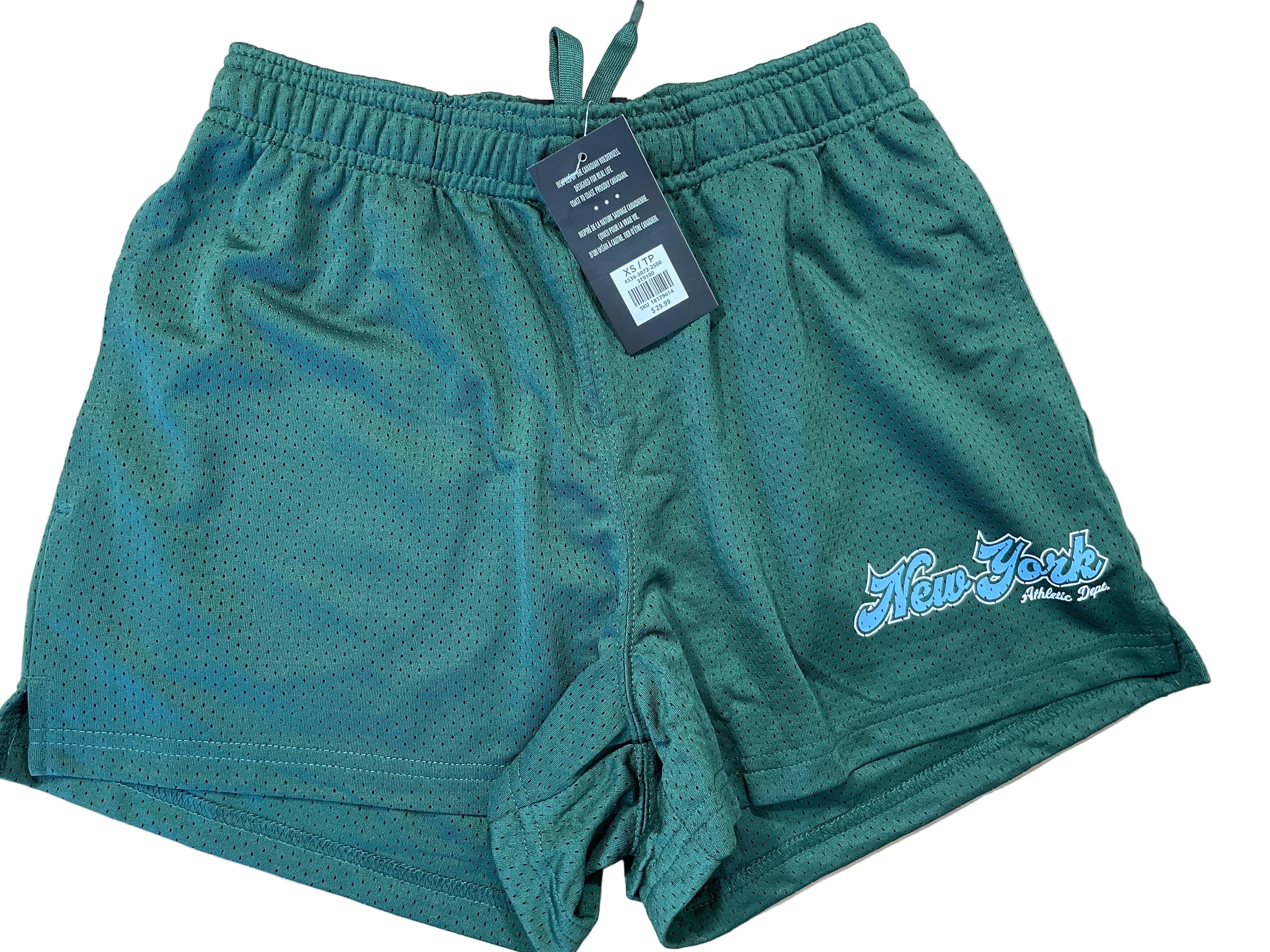 Green North Western mesh shorts with New York Athletic Dept print.