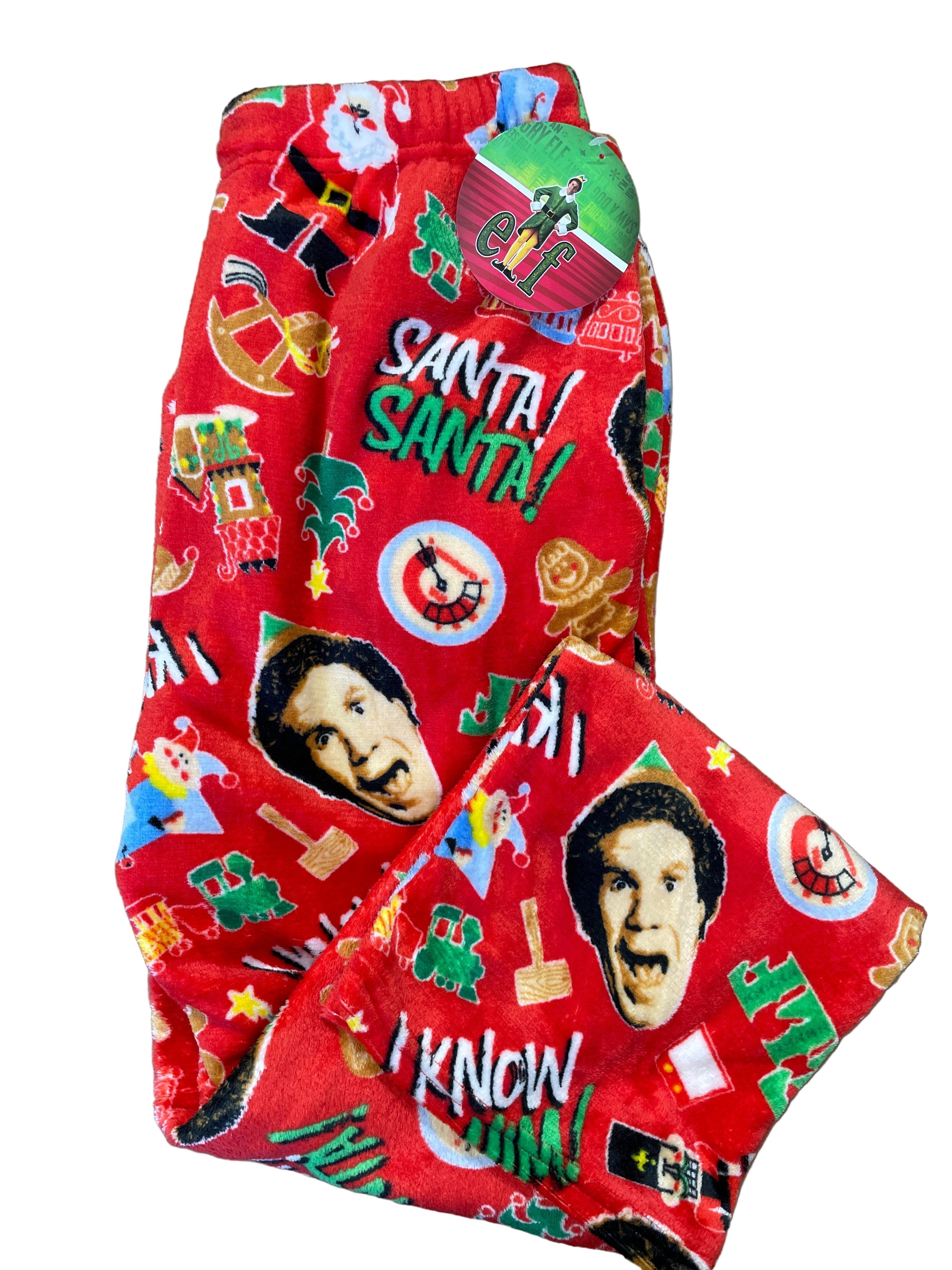 folded Elf Christmas pyjama pants with Will Ferrell Buddy the Elf design