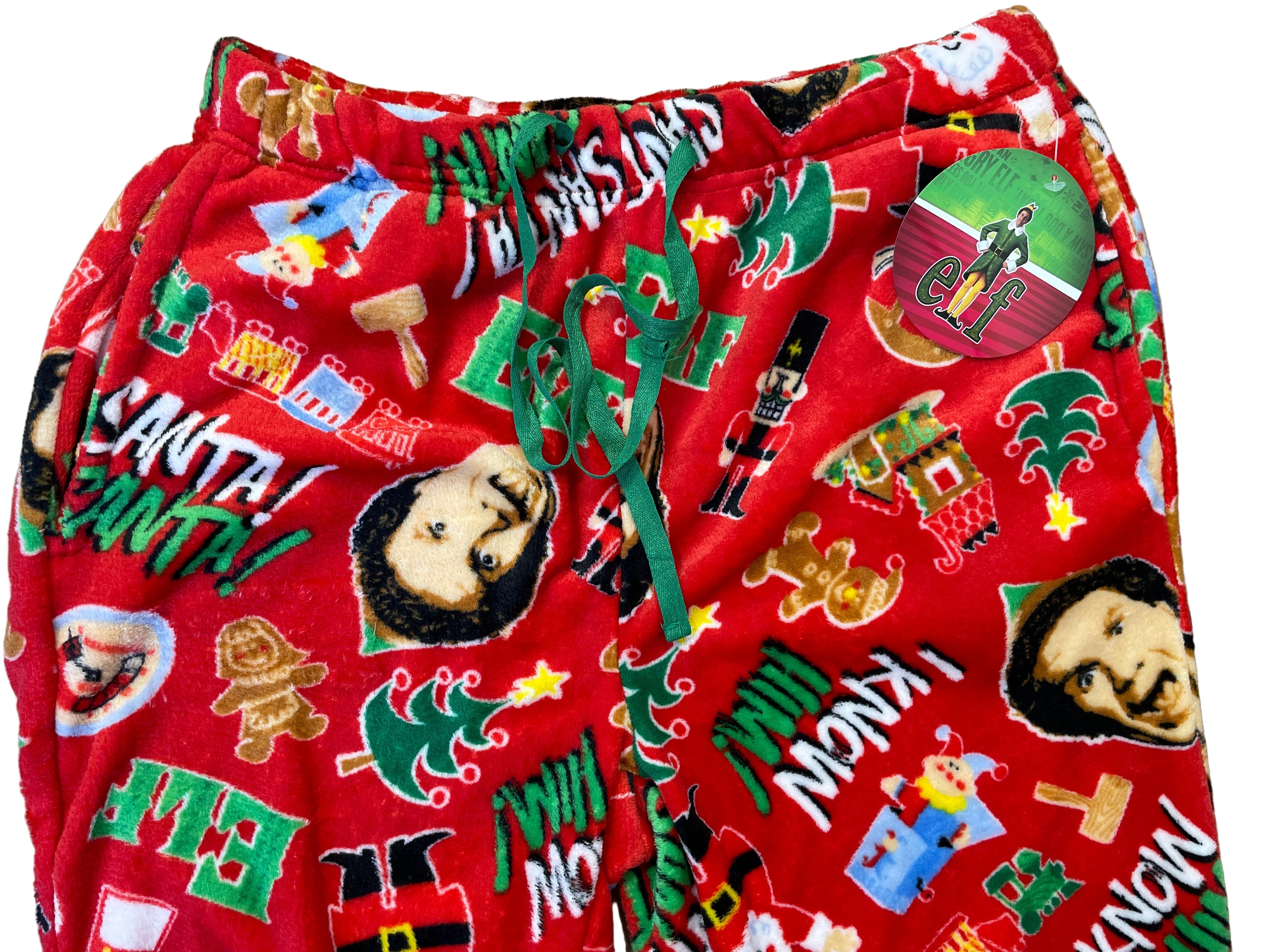 Elf movie red Christmas pyjama pants with Buddy the Elf print front