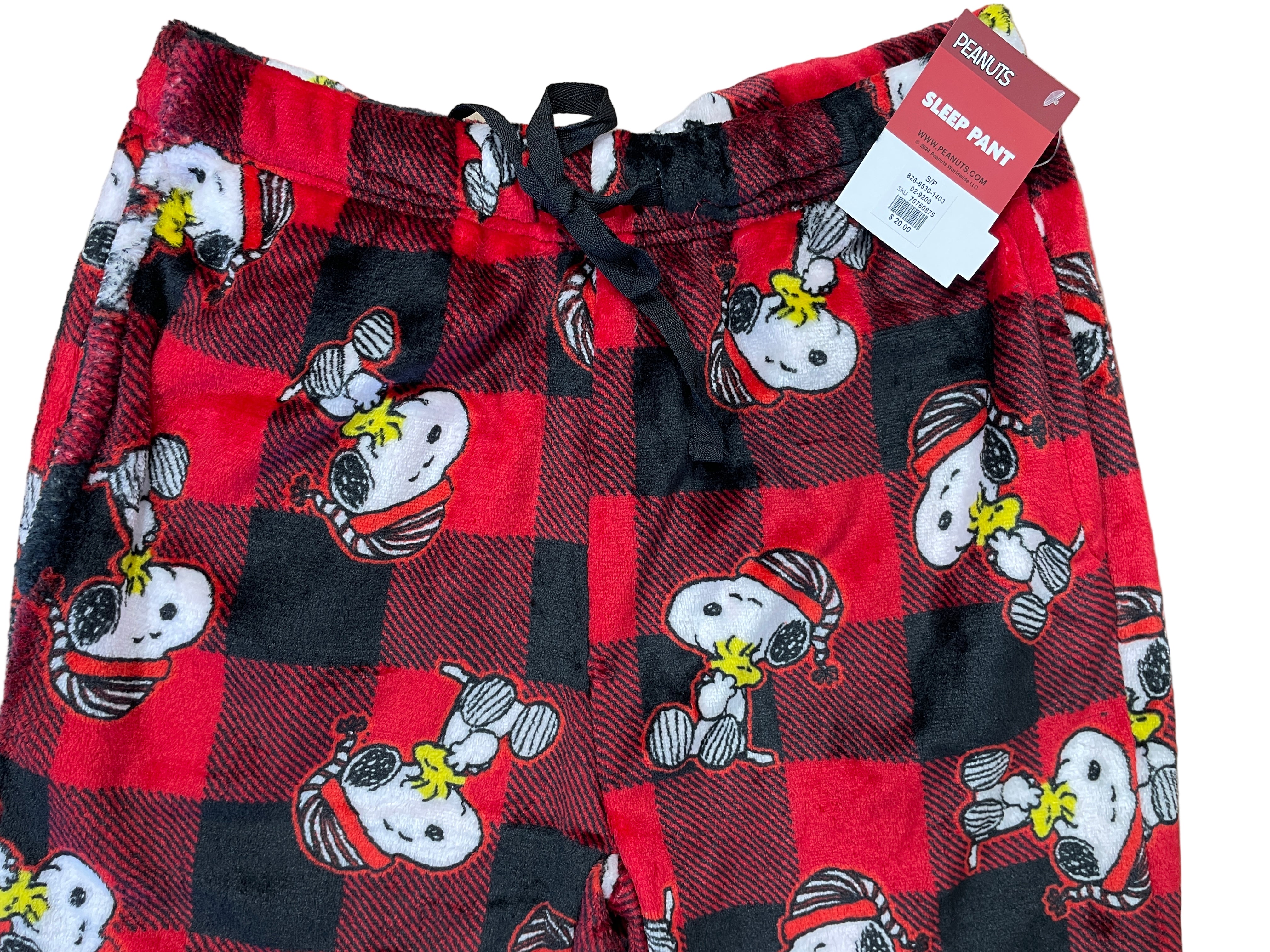 Peanuts Snoopy red plaid pyjama pants with Woodstock print front