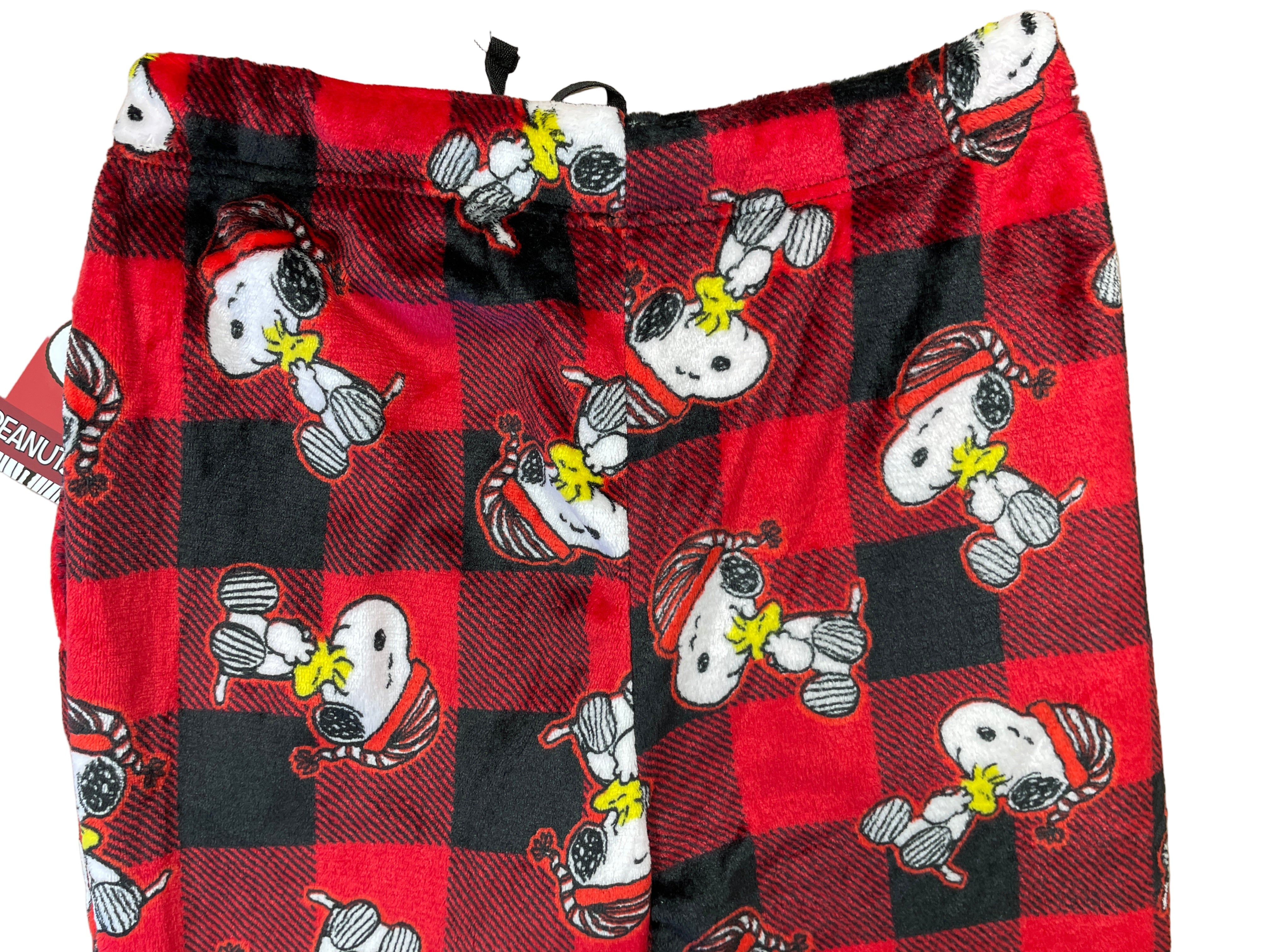 Peanuts Snoopy plaid pyjama pants waistband and drawstring detail