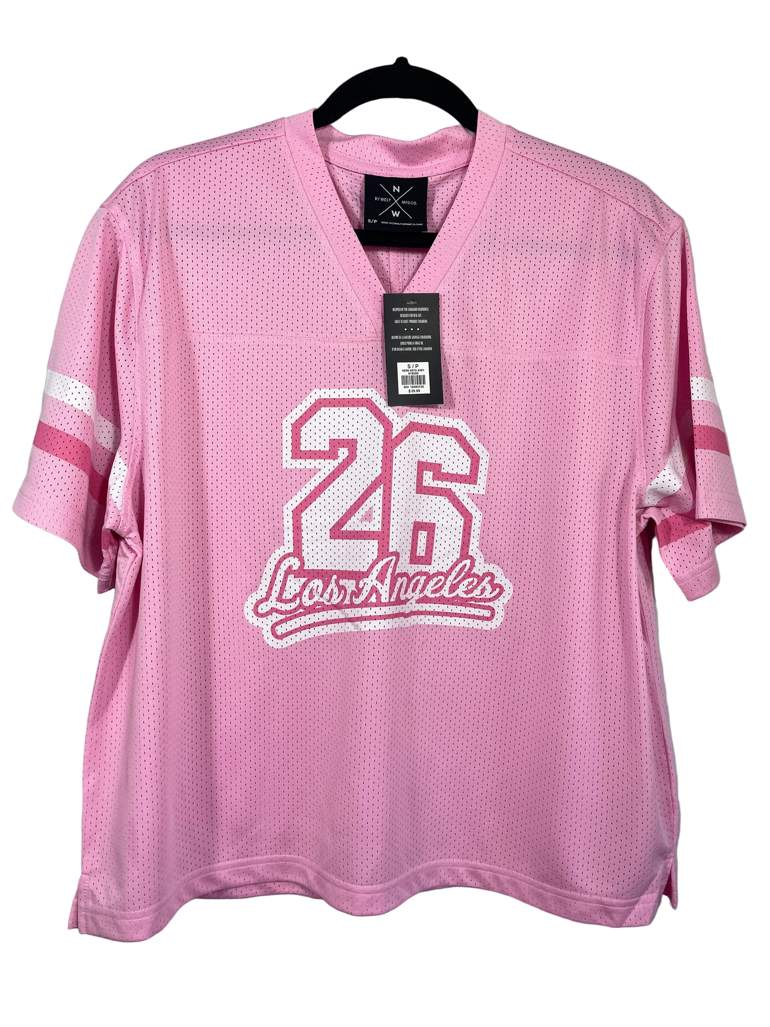 Pink North Western mesh jersey with Los Angeles 26 graphic.