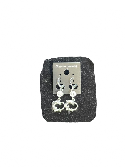 Pair of silver dolphin earrings on a black card with 'Fashion Jewelry' label against a white background