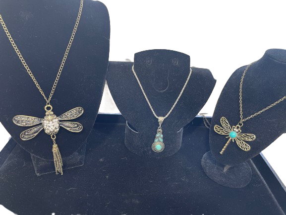 Set of three dragonfly and stone necklaces
