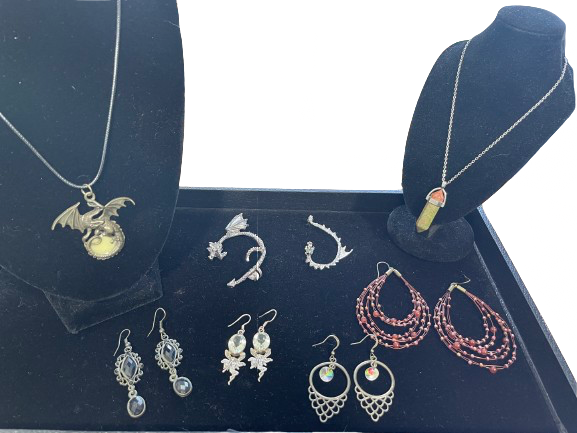 Full set of fantasy inspired jewellery with necklaces, earrings, and ear cuffs