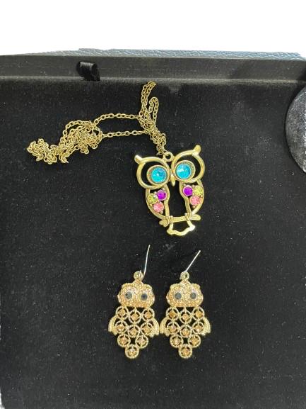 Gold owl-shaped necklace and earrings on a black background