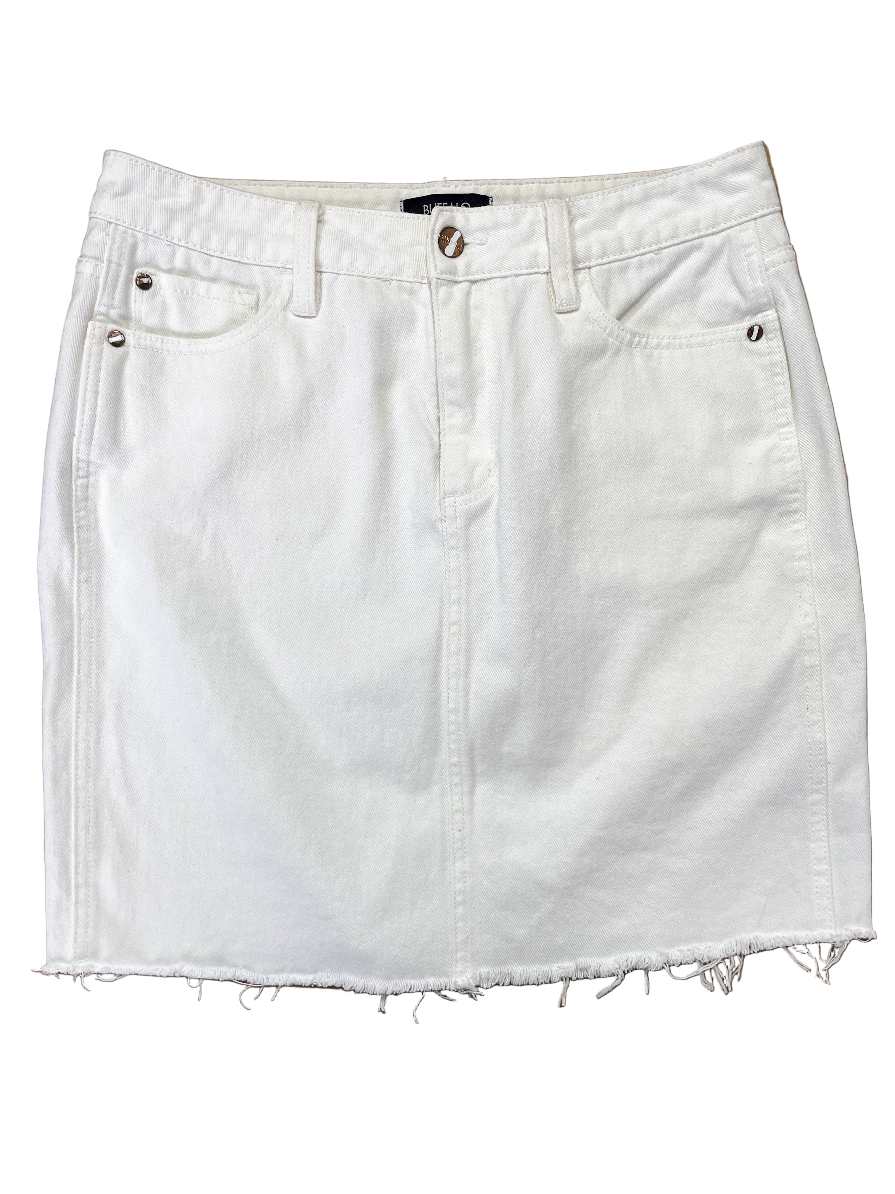 Front view of Buffalo white denim skirt with frayed hem size 28