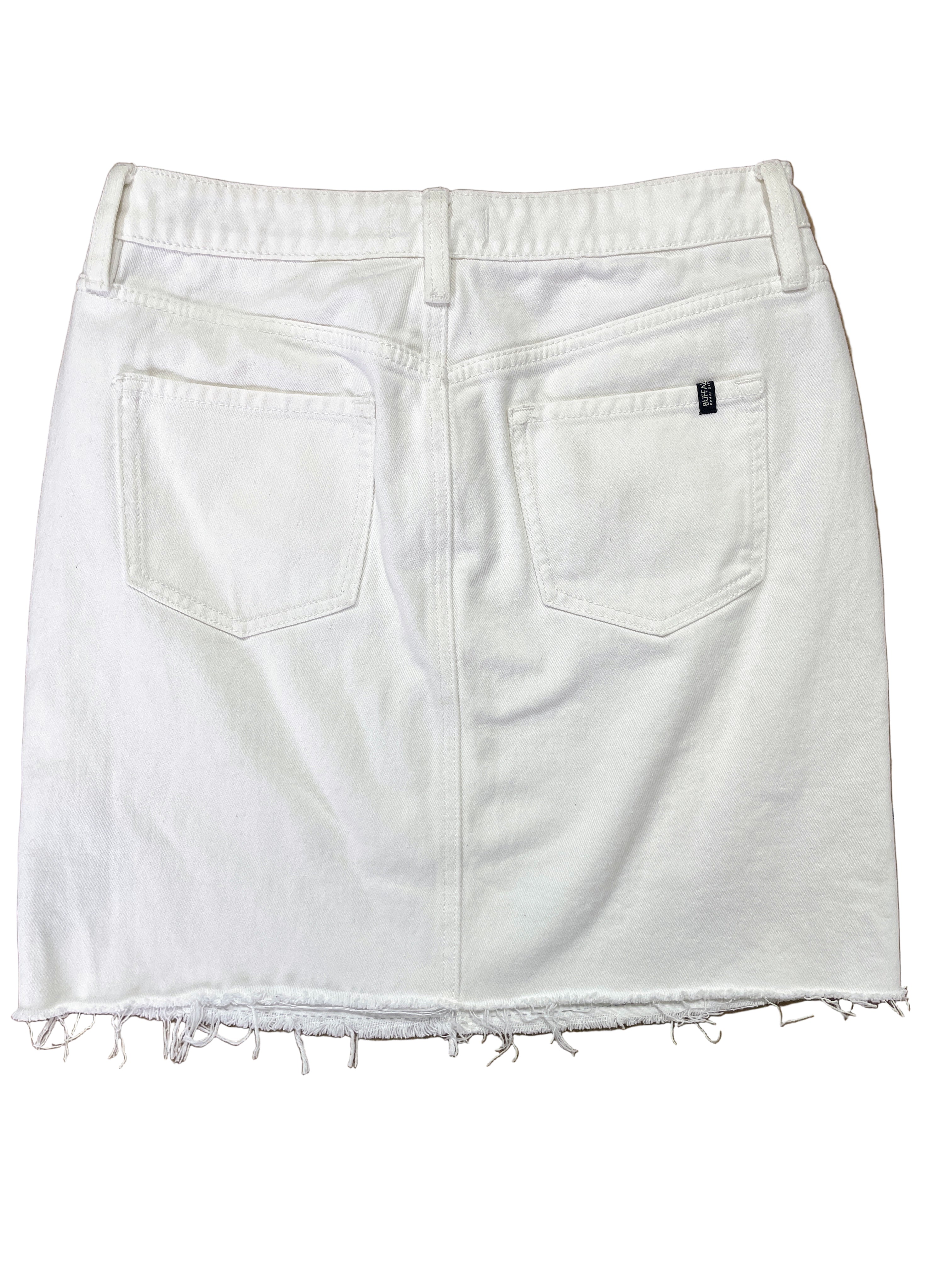 Back view of Buffalo high rise white denim skirt with pockets