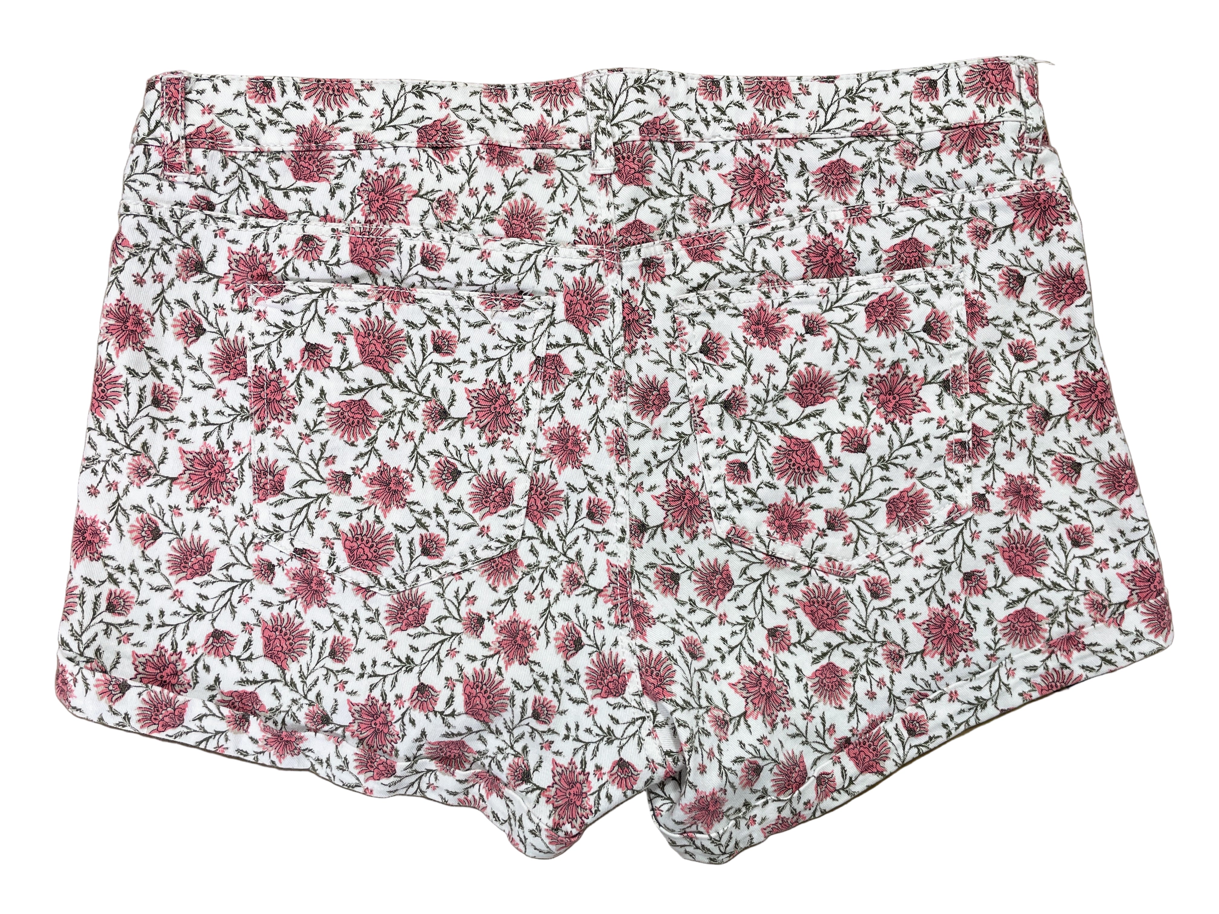 Back view of H&M white floral denim shorts with five-pocket design