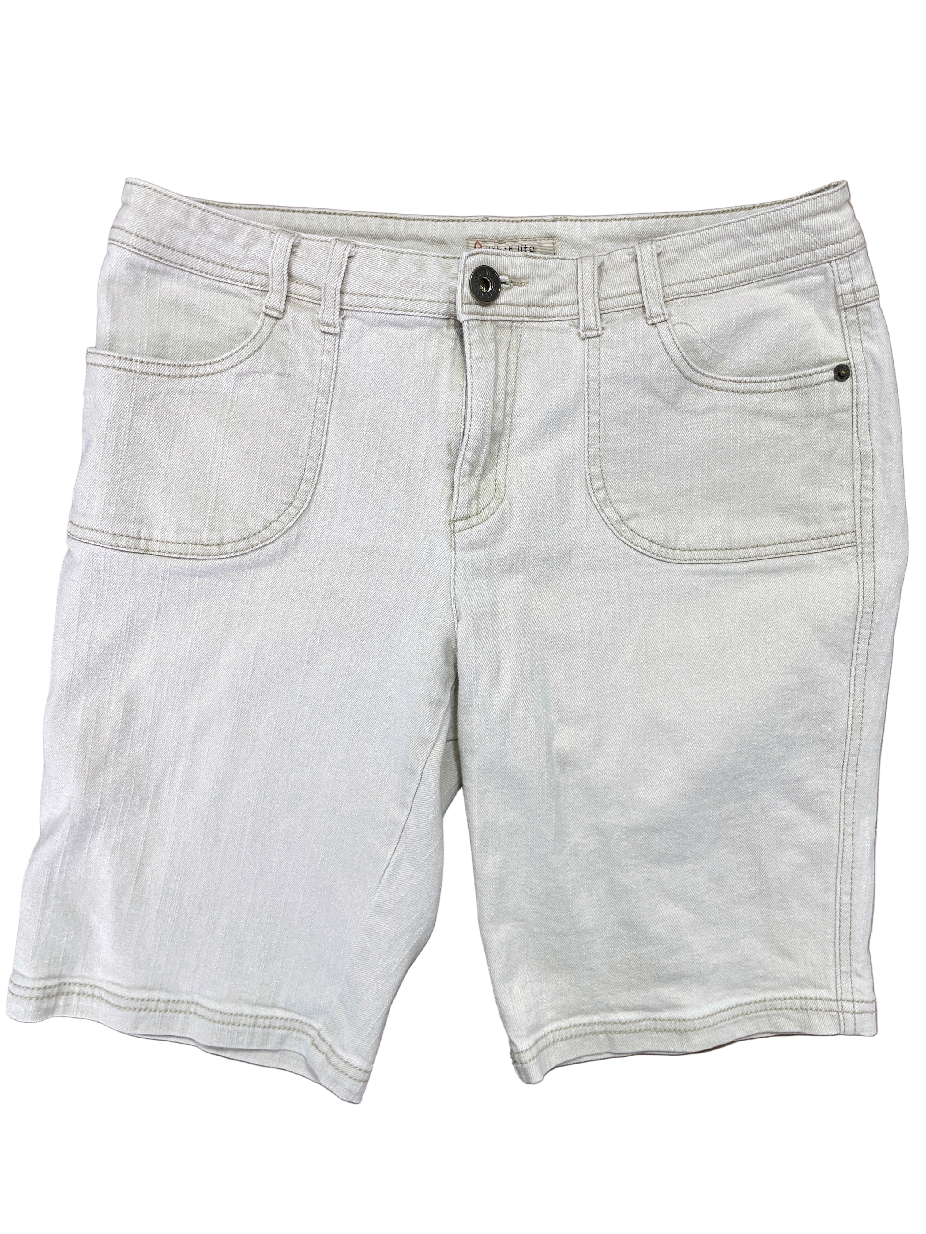 Front view of Urban Life cream denim shorts with front patch pockets