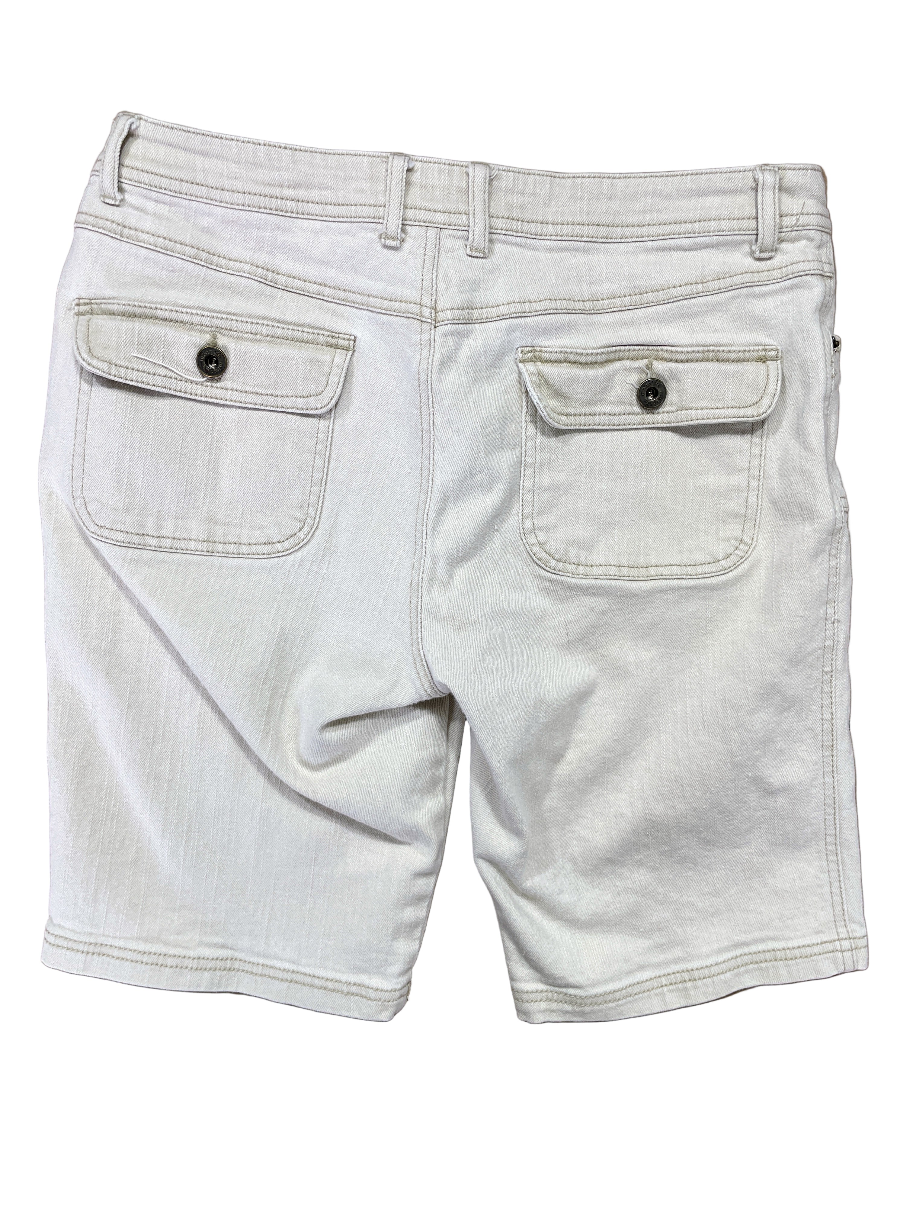 Back view of Urban Life cream denim shorts with button-flap pockets