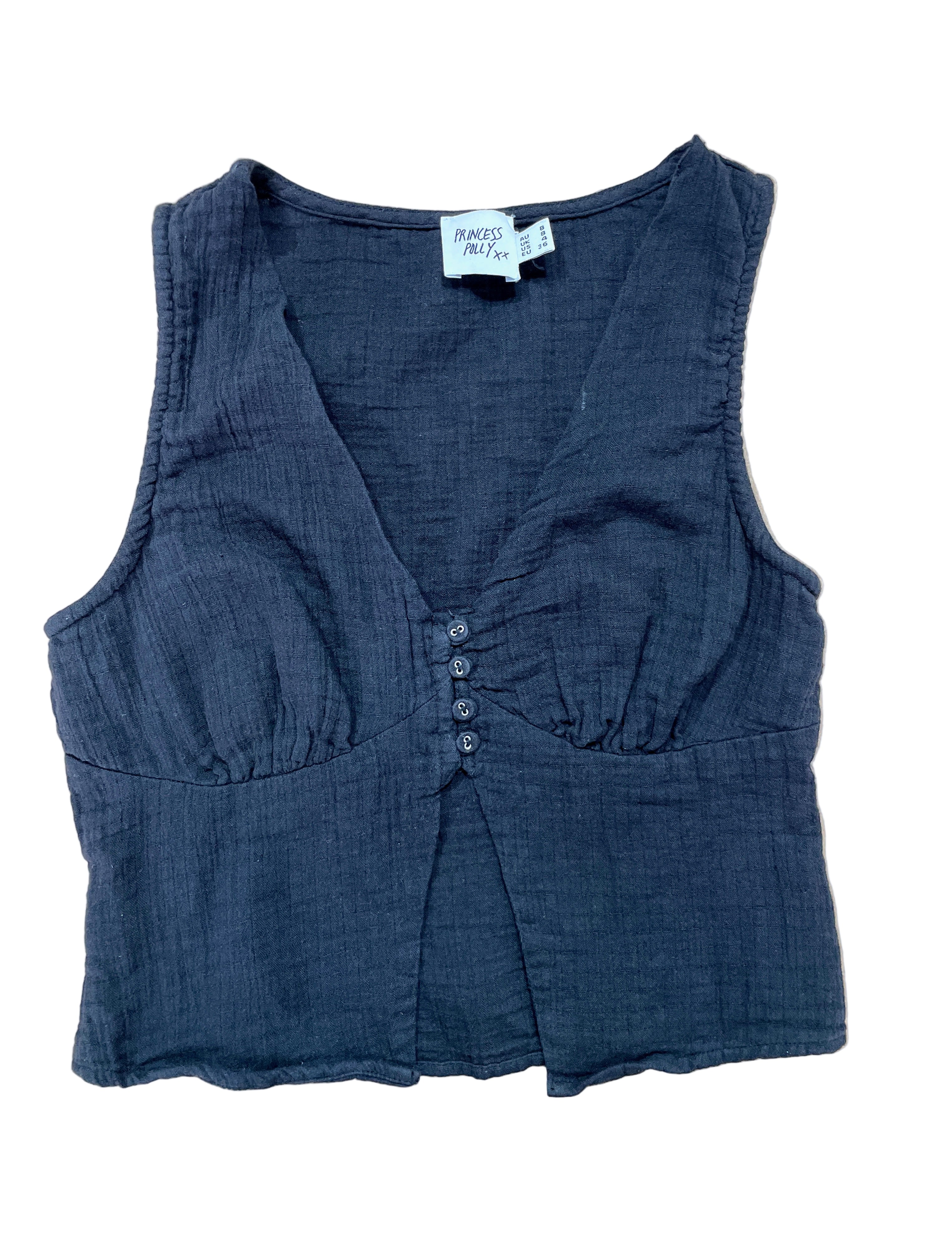 Front view of Princess Polly black sleeveless button front top