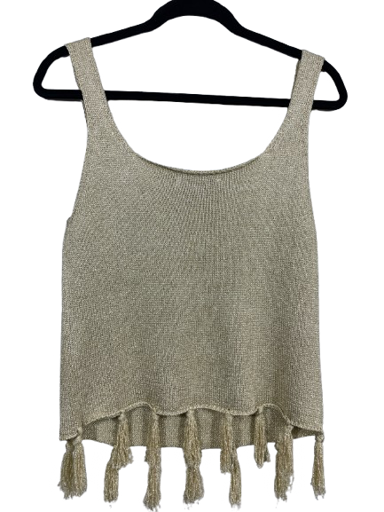 Back view of Melanie Lyne cream and gold knit tank top with fringe hem