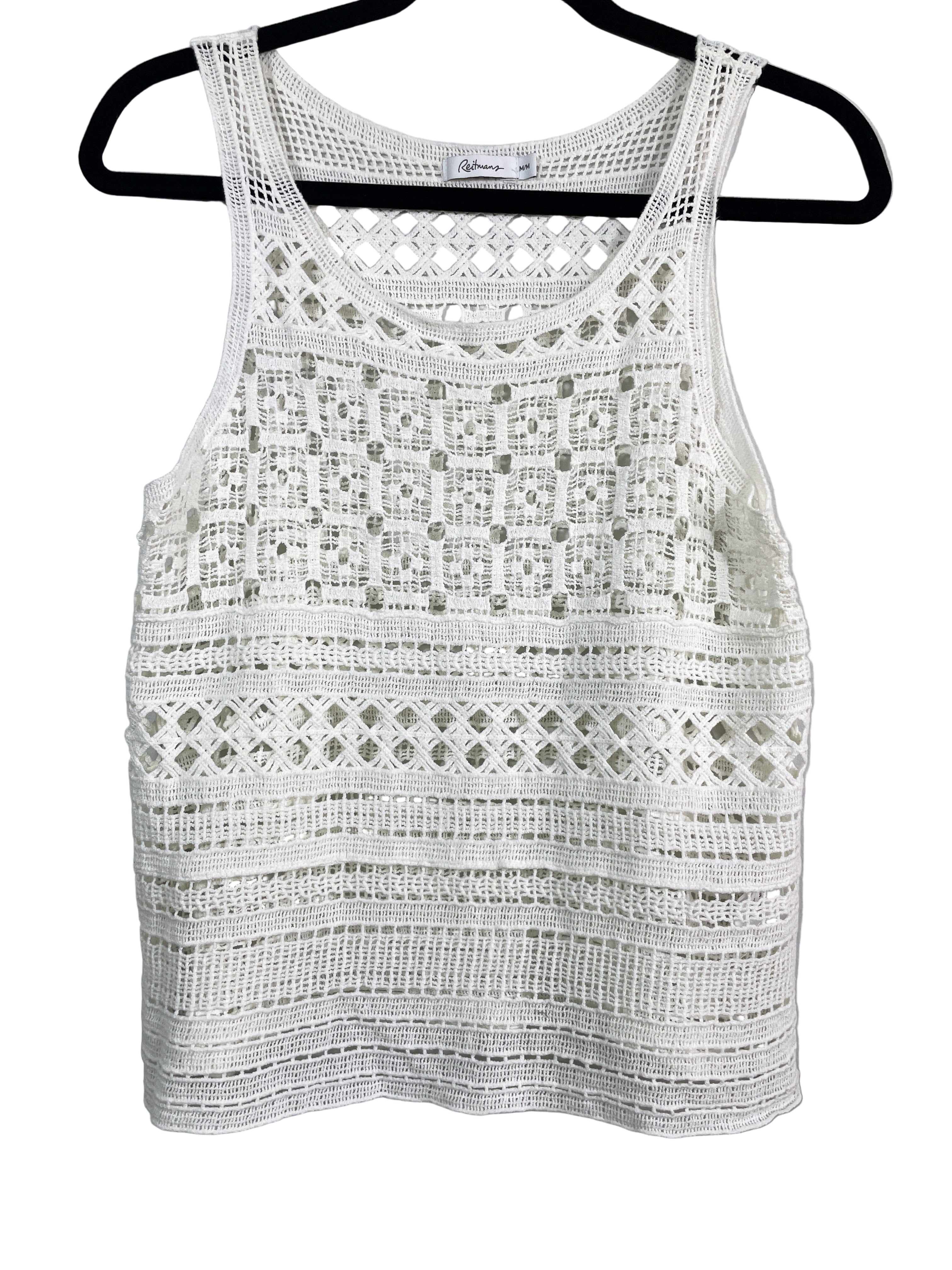 Front view of Reitmans white crochet cotton tank top