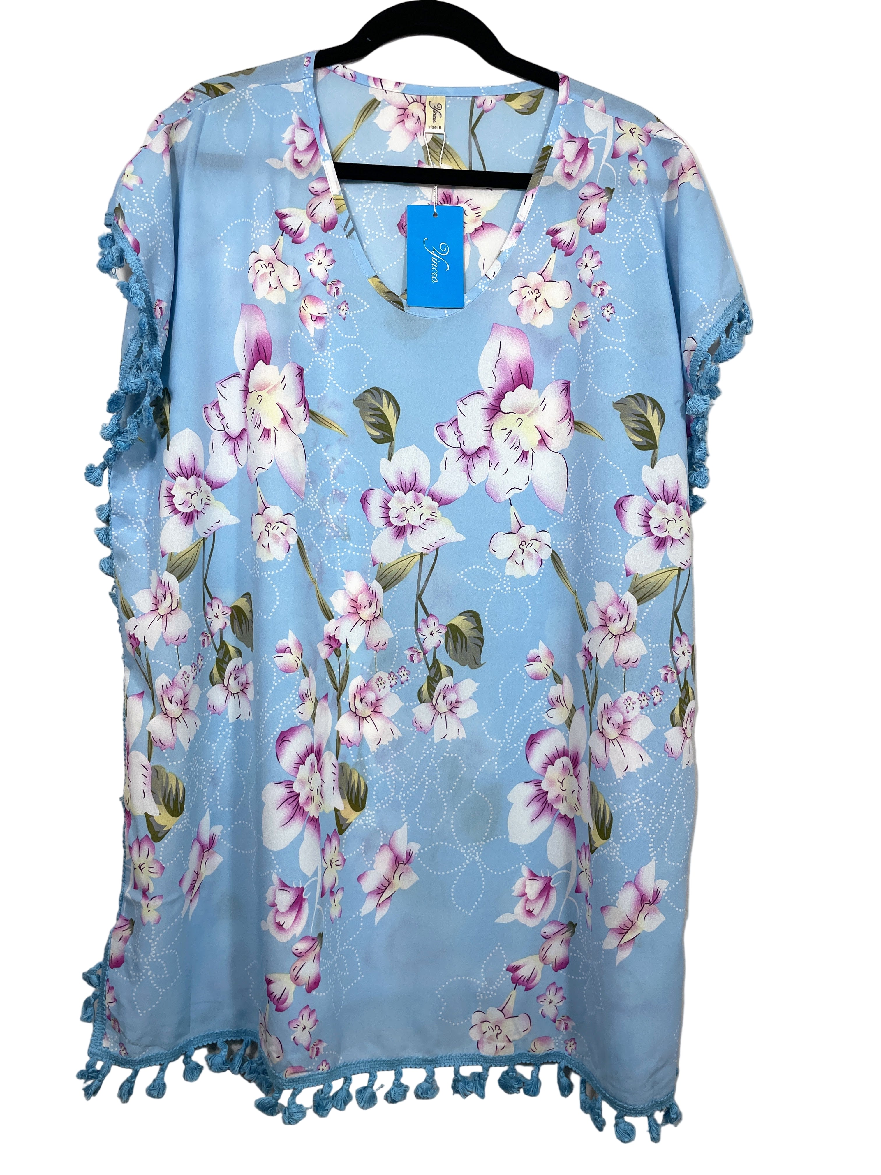 Yincra light blue floral swim coverup with tassel trim, front view