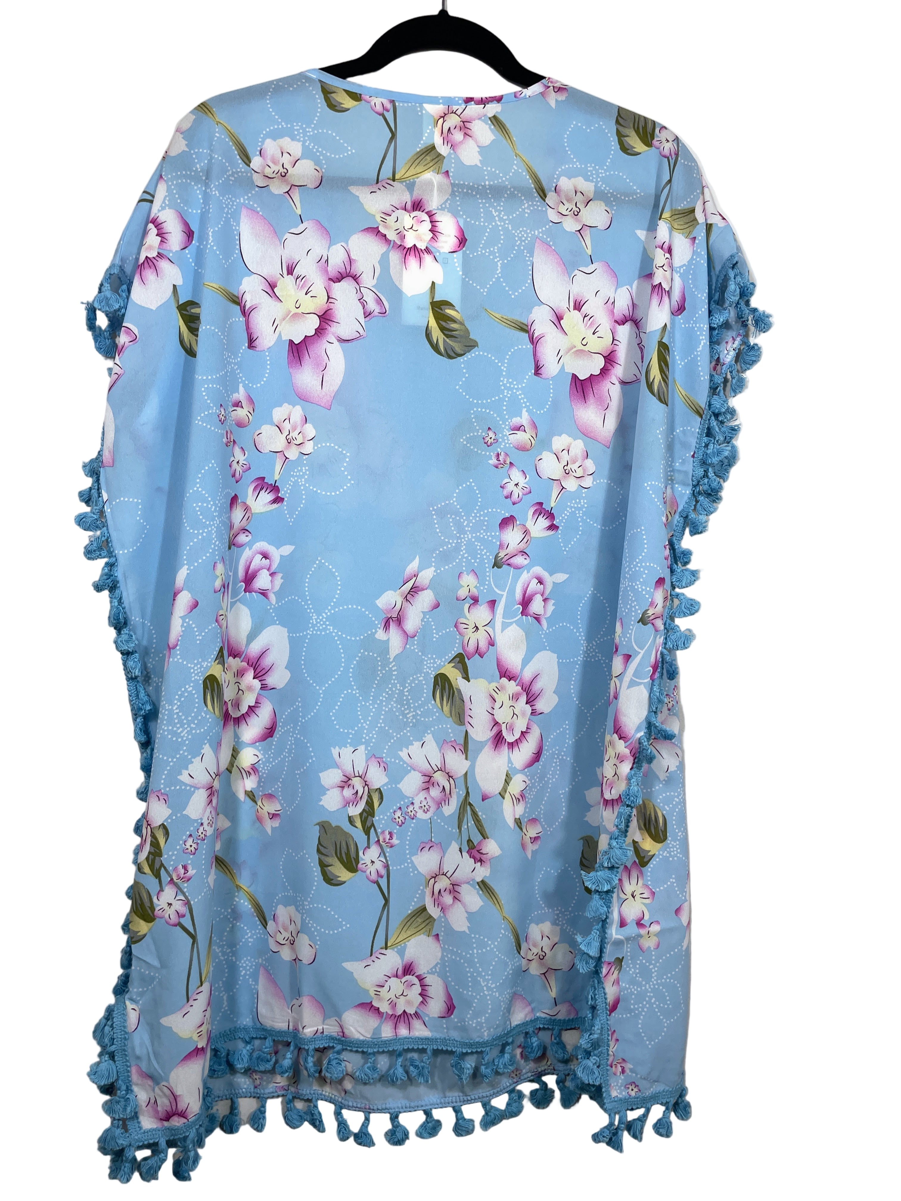 Yincra light blue floral swim coverup with tassel trim, back view