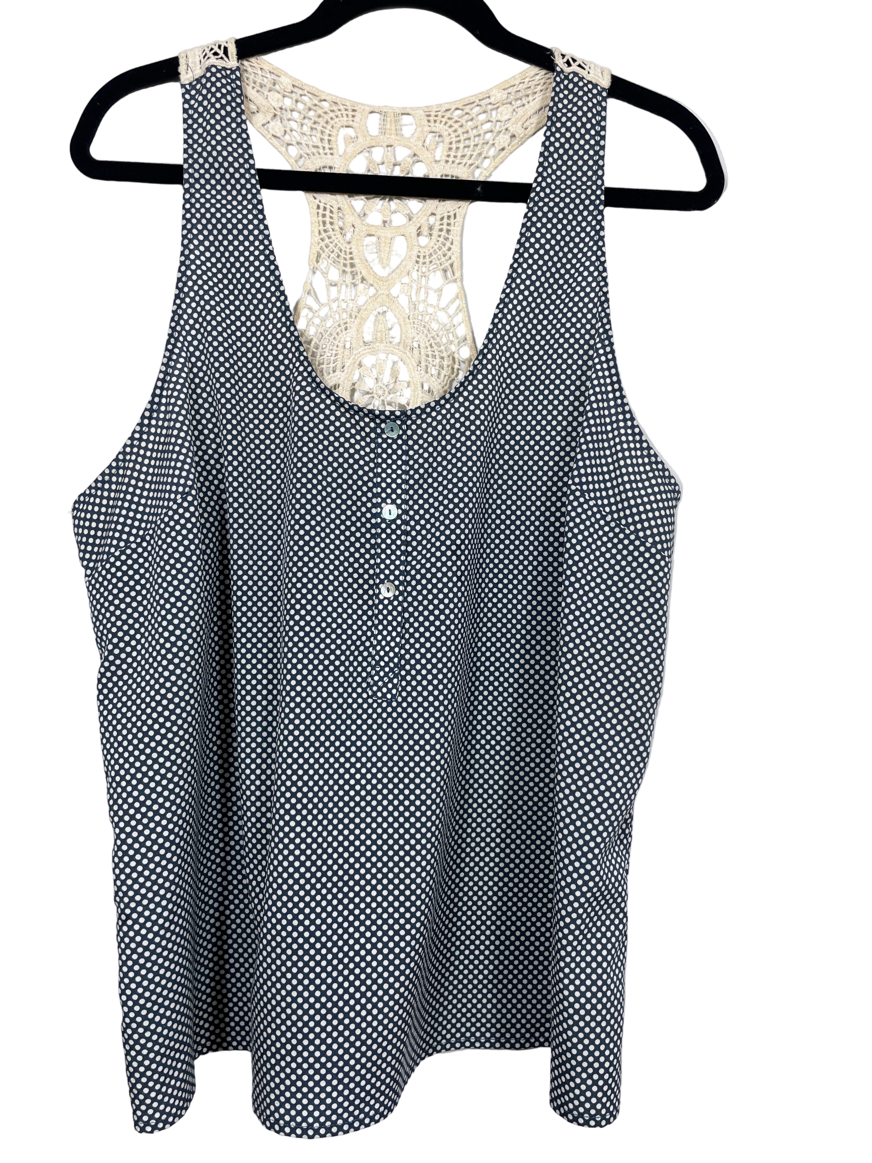 Kismet polka dot tank top, slate blue with cream polka dots and cream crochet racerback detail