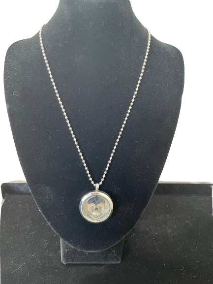 Silver skull locket necklace with heart eyes on ball chain