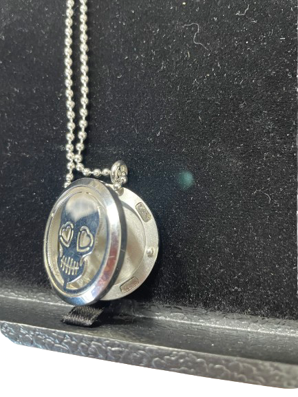 Silver necklace with a skull pendant on a black background