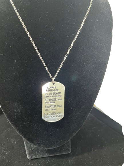 Silver inspirational dog tag necklace with engraved message