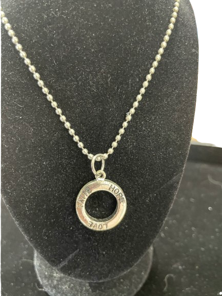 Silver circle pendant necklace with Love Faith Hope engraving