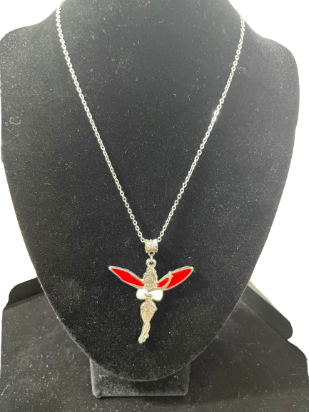 Fairy necklace with red wings pendant on silver chain.