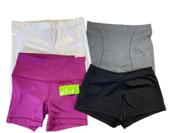 Set of four women’s athletic and dance shorts in black, fuchsia, white shimmer, and grey, front view
