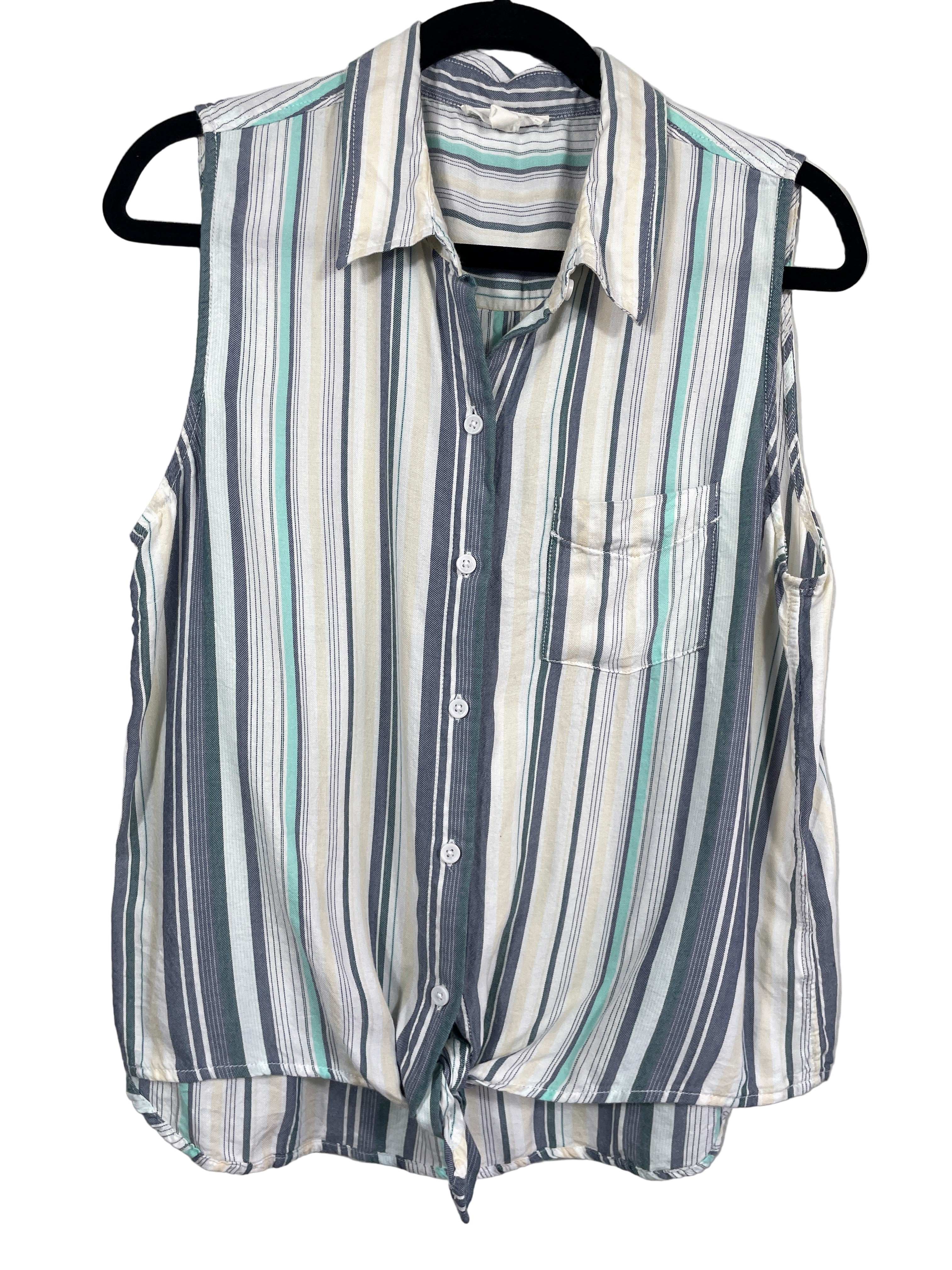 BeachLunchLounge sleeveless striped top with front tie and collar, front view