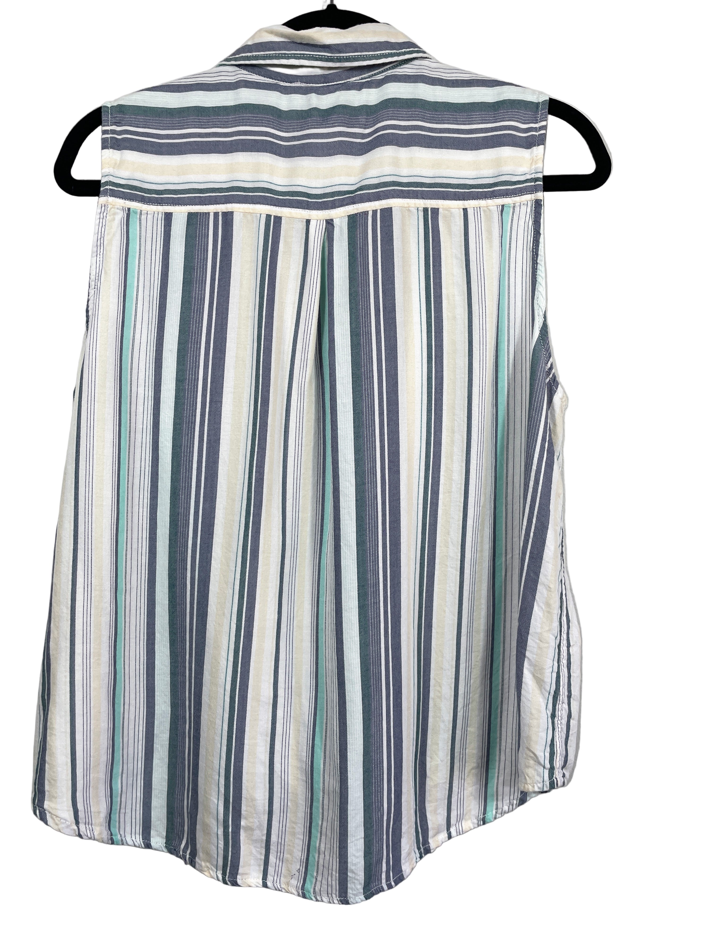 Back view of BeachLunchLounge sleeveless striped tie-front top, vertical stripes detail