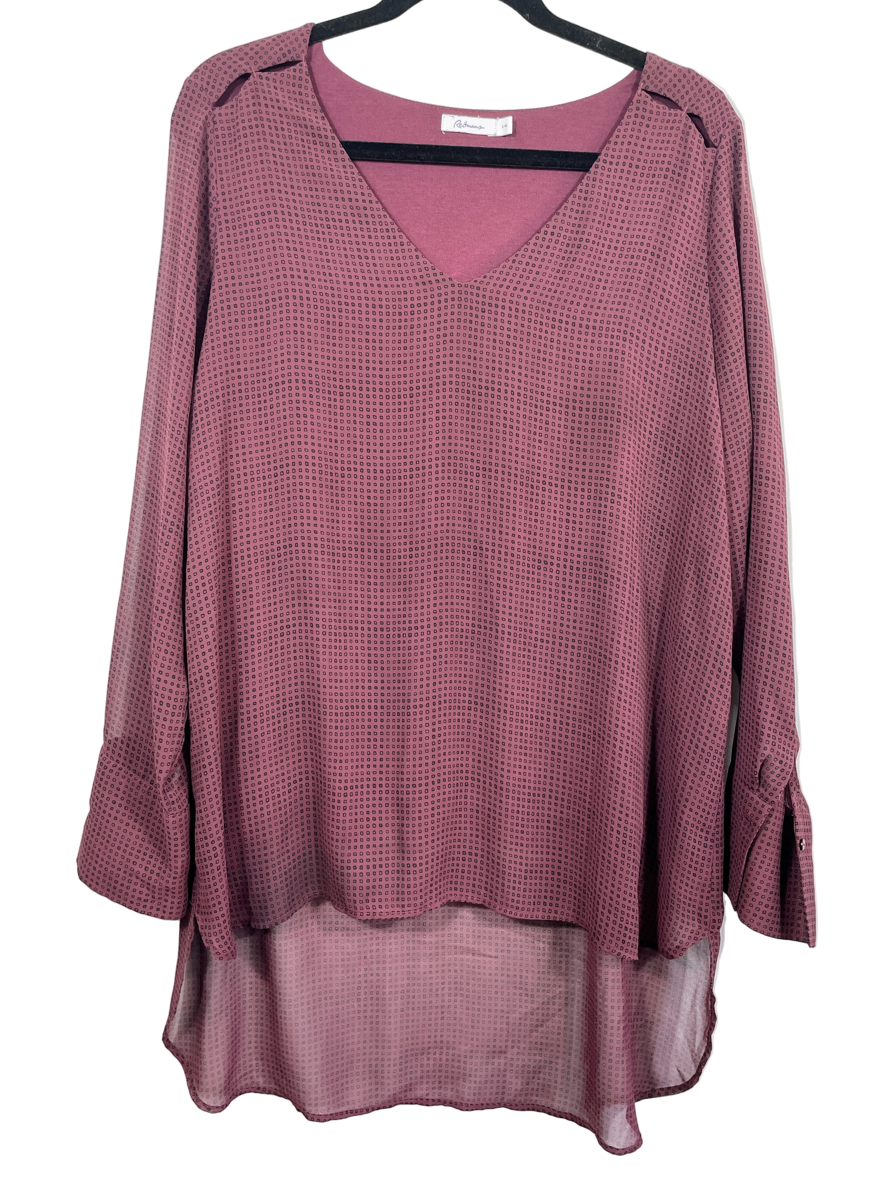 Reitmans burgundy blouse with micro black box print, high-low hem, sheer sleeves, front view