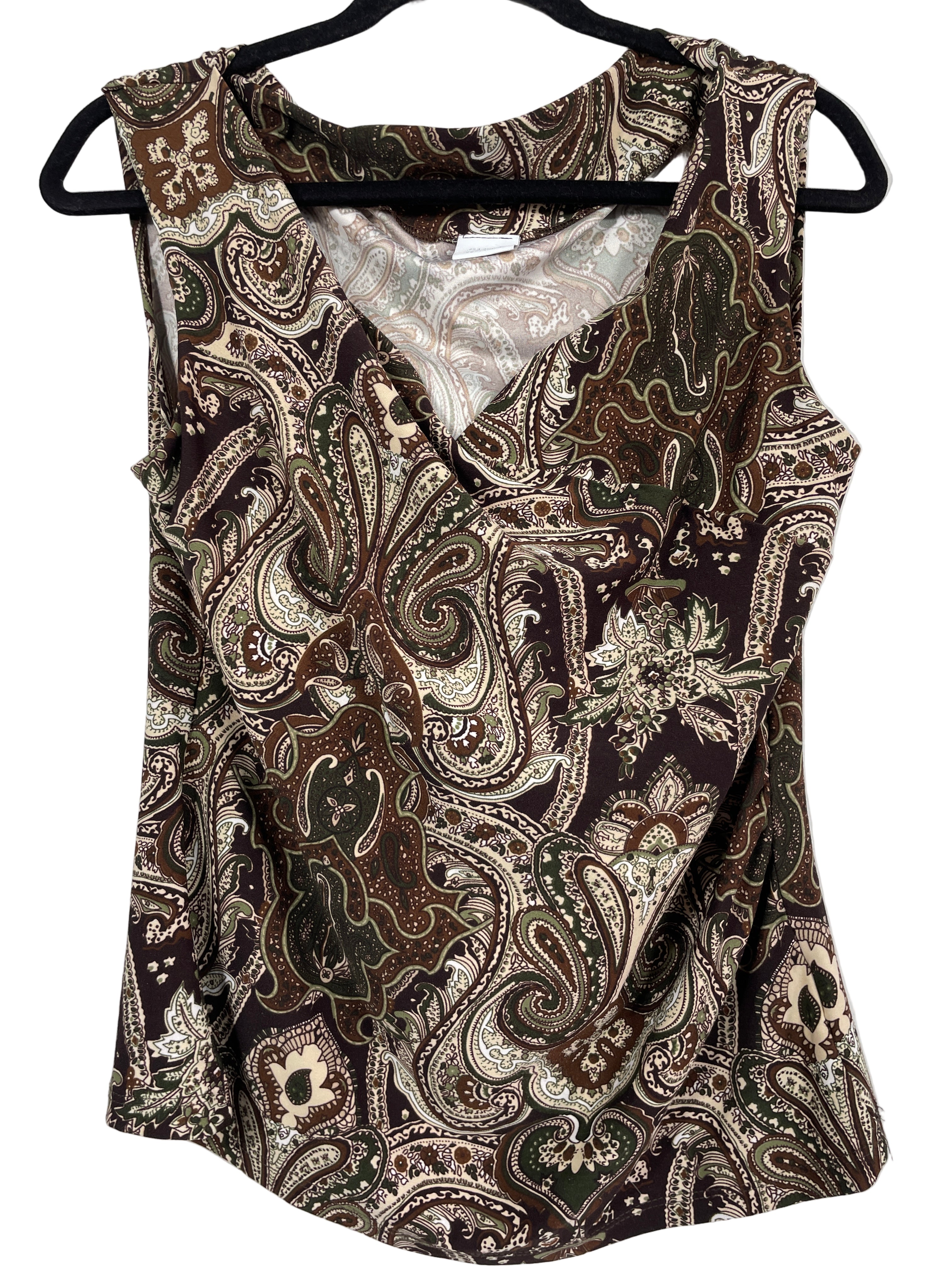 Suzy Shier brown paisley sleeveless blouse hanging on hanger, front view