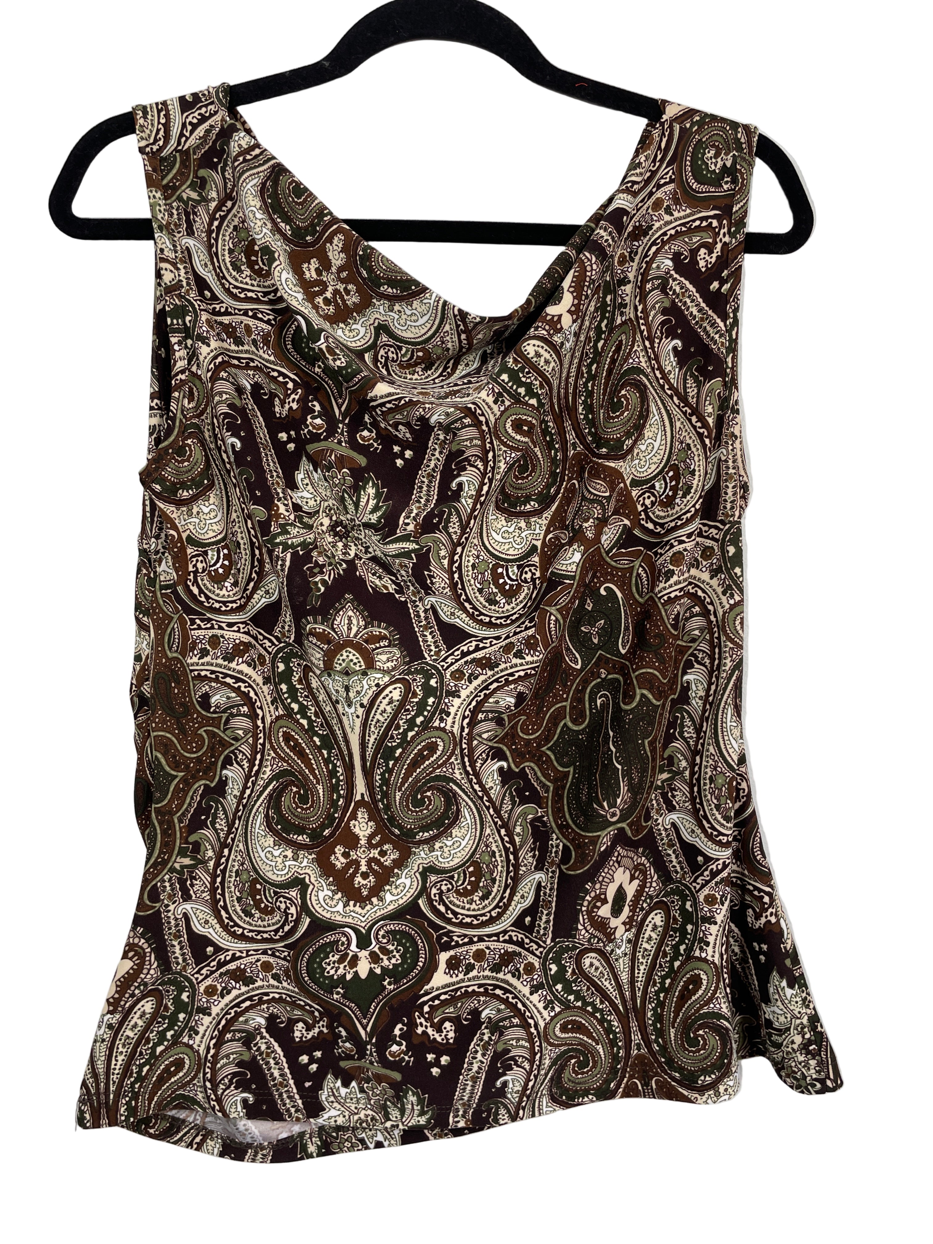 Suzy Shier brown paisley sleeveless blouse hanging on hanger, back view