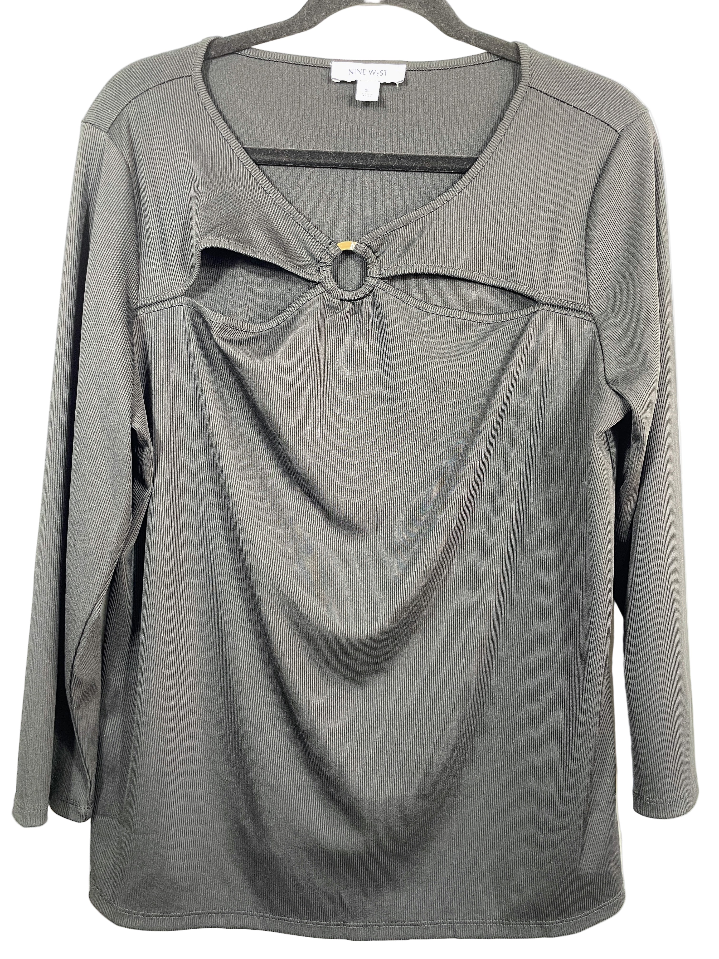 Nine West black ribbed long sleeve top front view