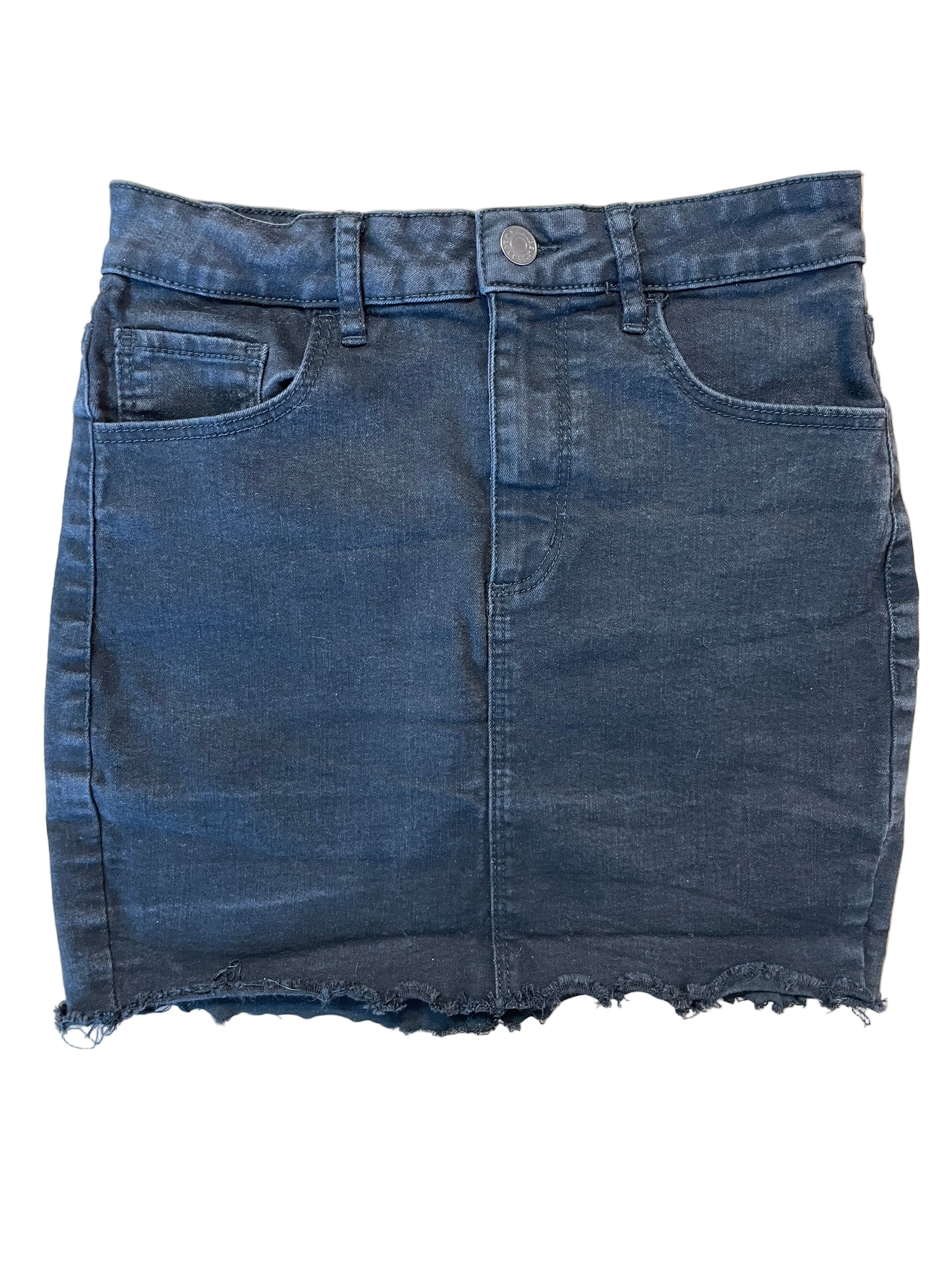Front view of Garage black denim mini skirt with raw hem