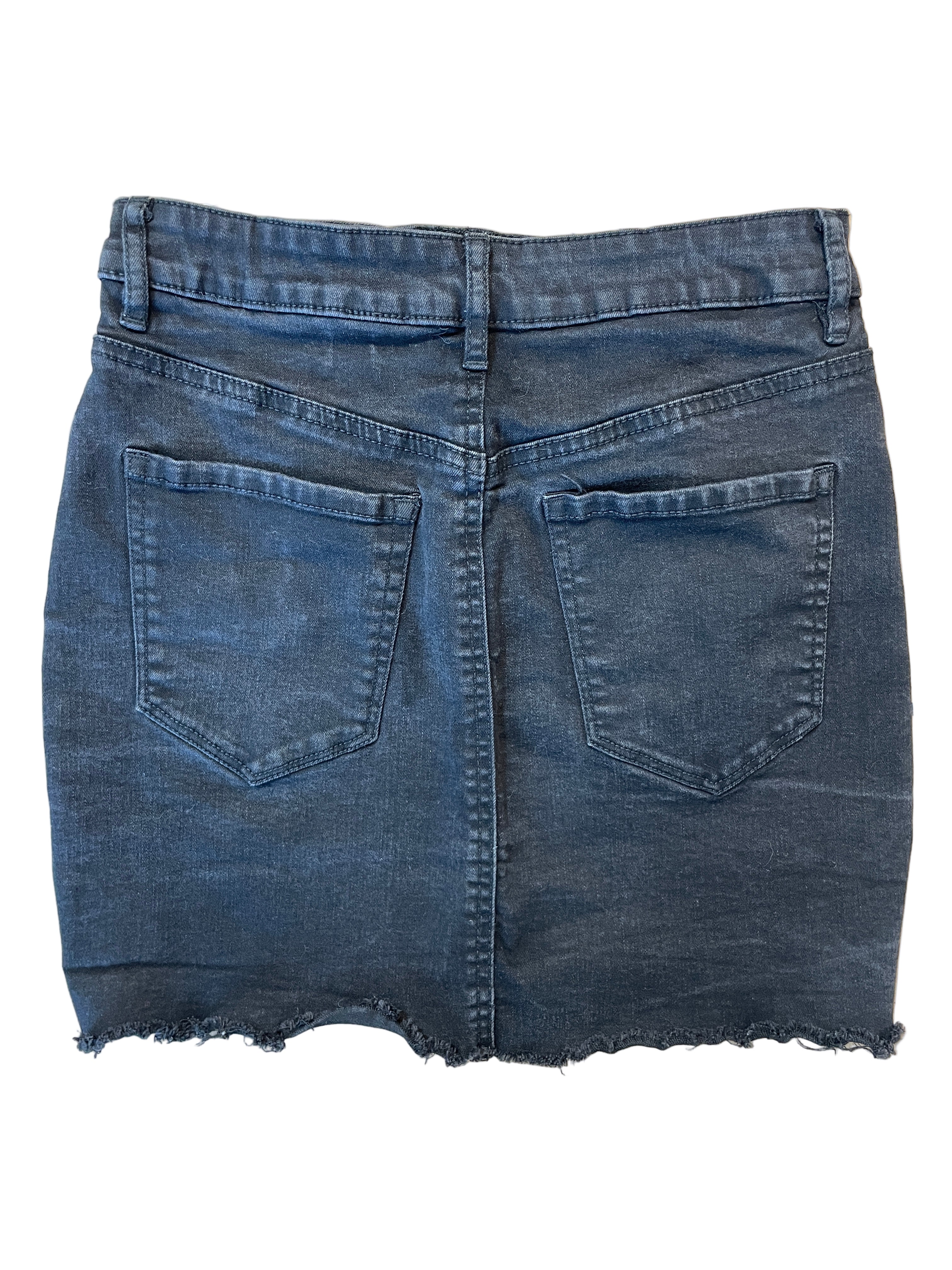 Back view of Garage black denim mini skirt with raw hem