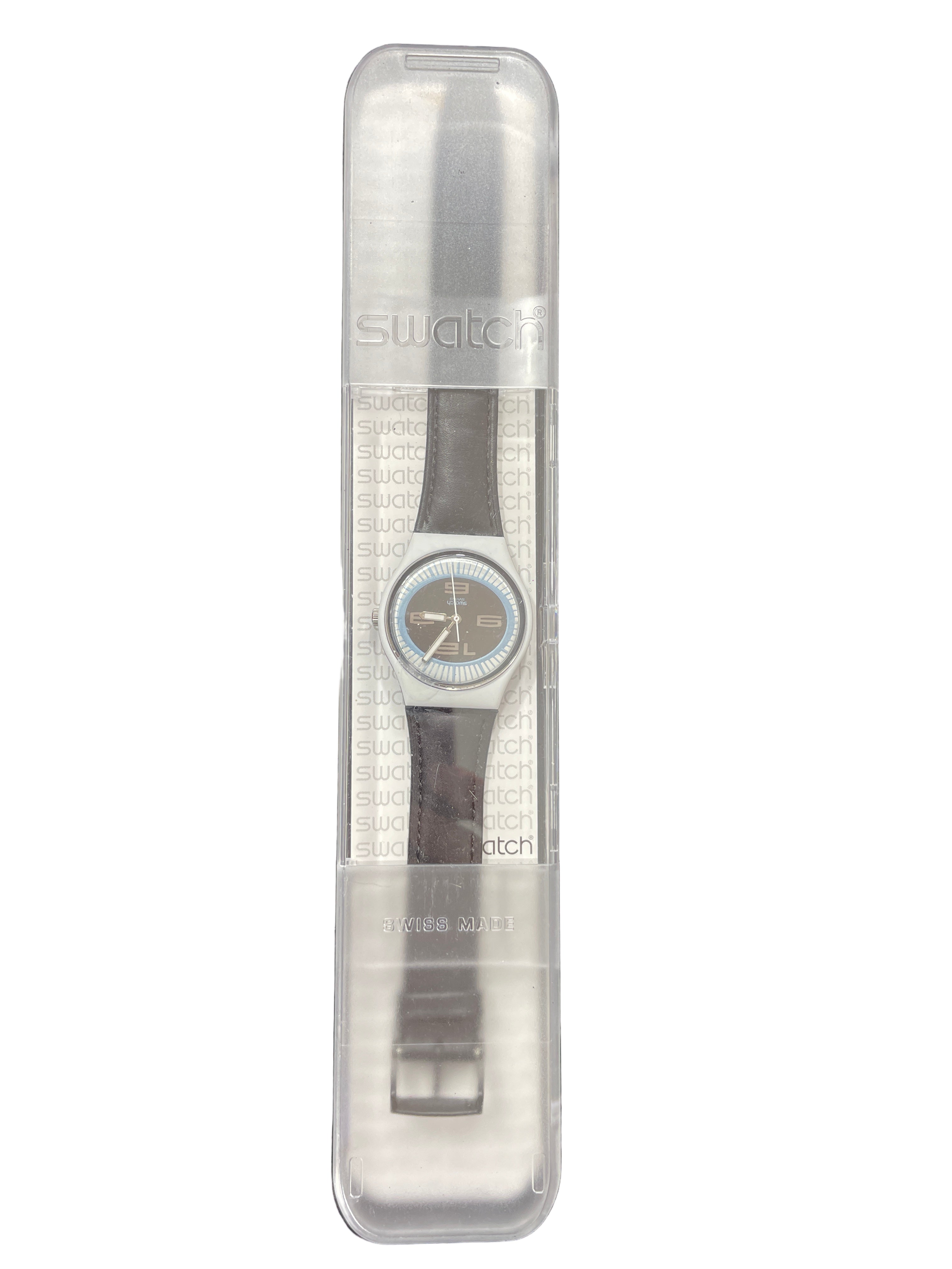 Swatch GB197D Swiss made watch with black genuine leather strap in original case.