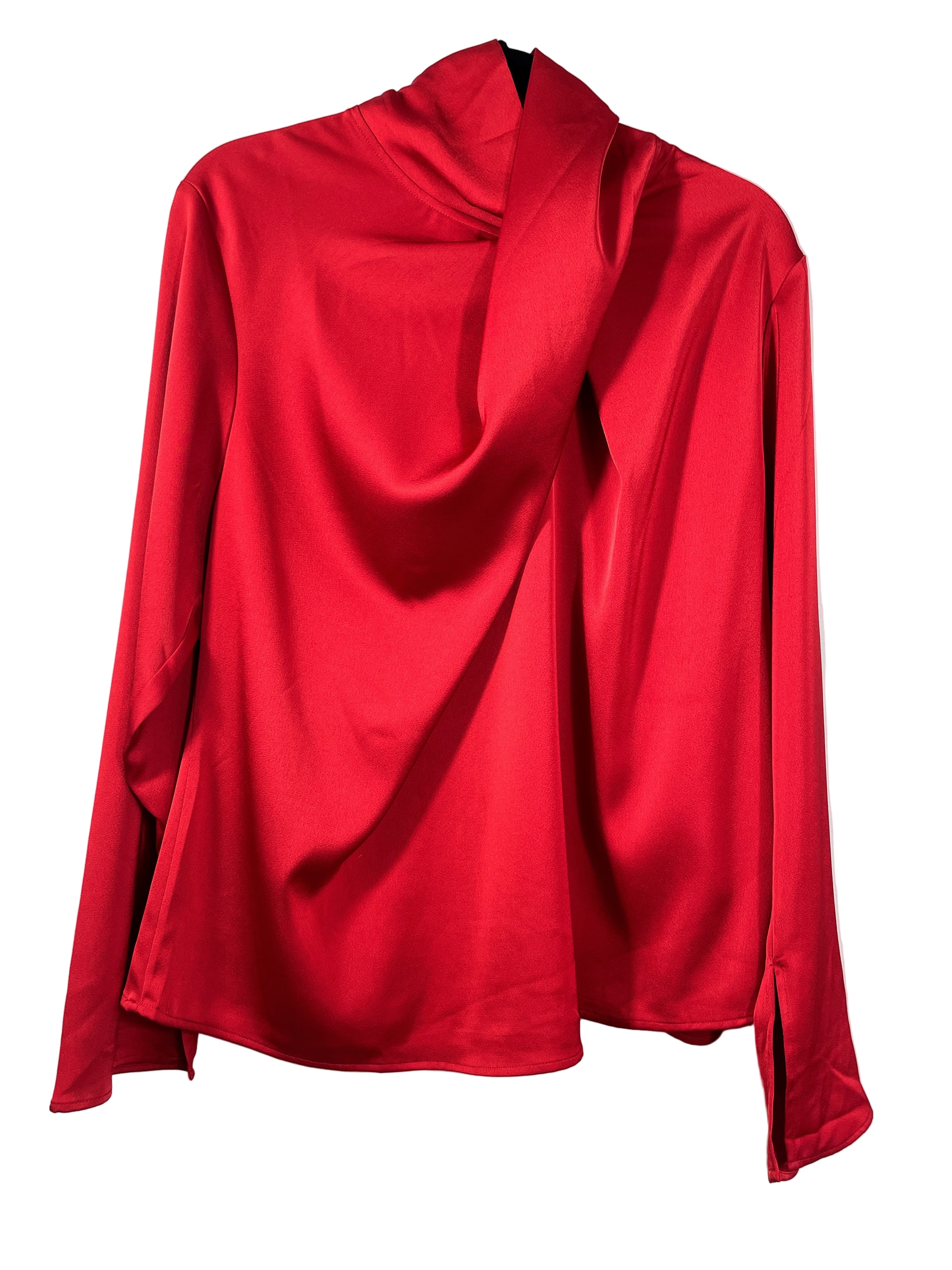 H&M red draped mock neck blouse front view
