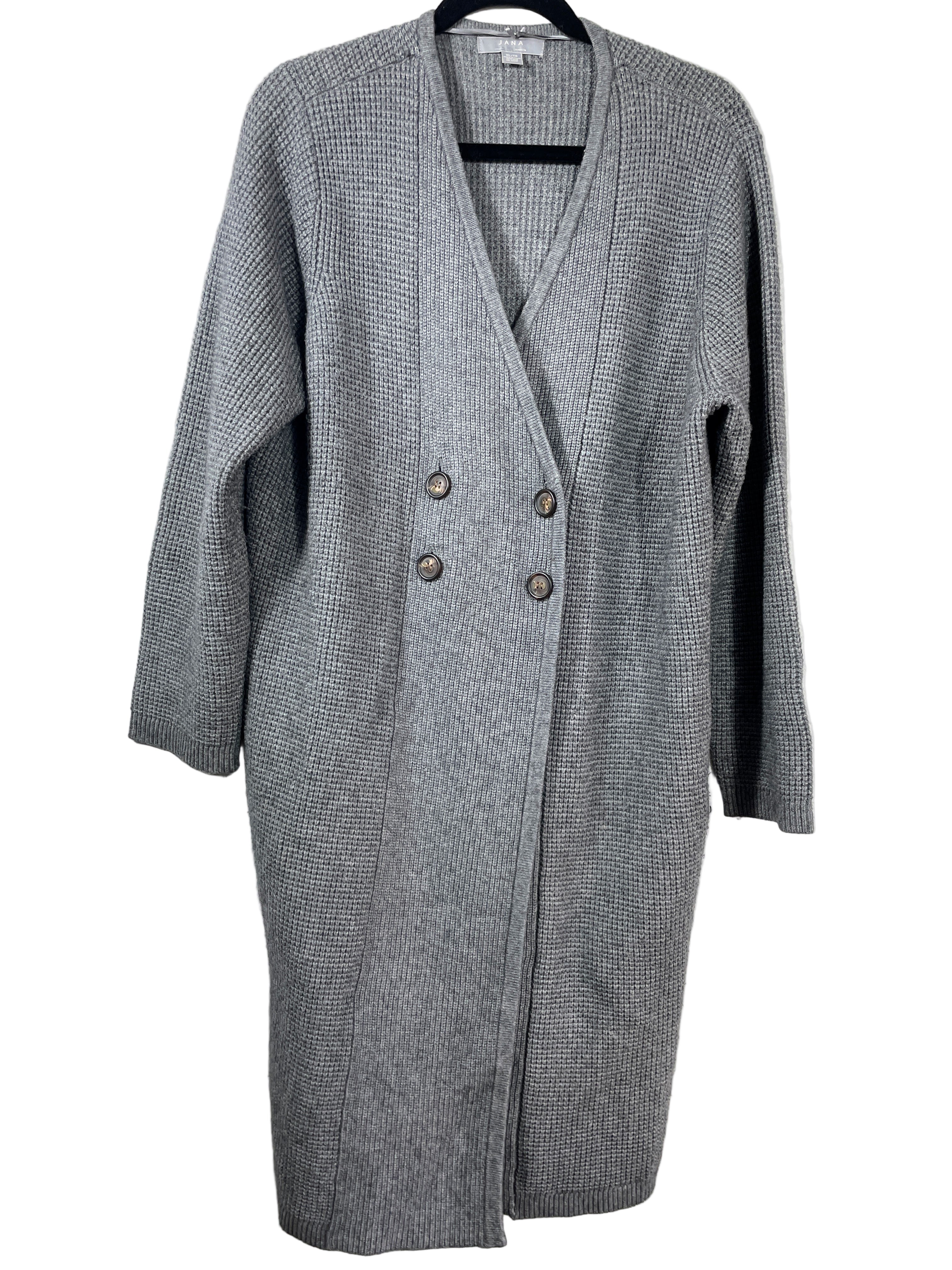 Jana grey long knit cardigan with double breasted buttons front view