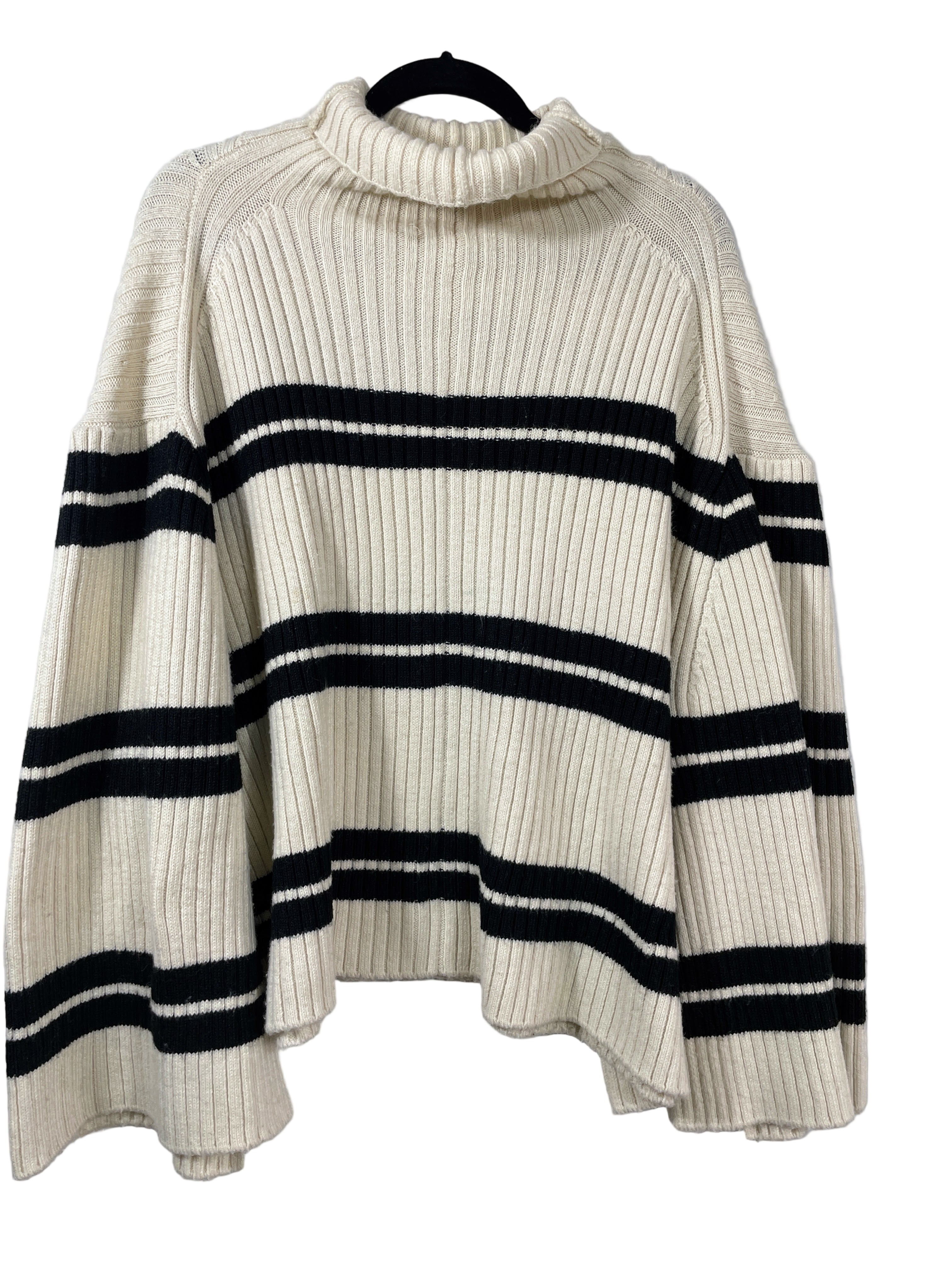 H&M cream ribbed sweater with black stripes front view