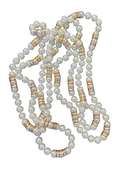 Long faux pearl necklace with gold and rhinestone spacers