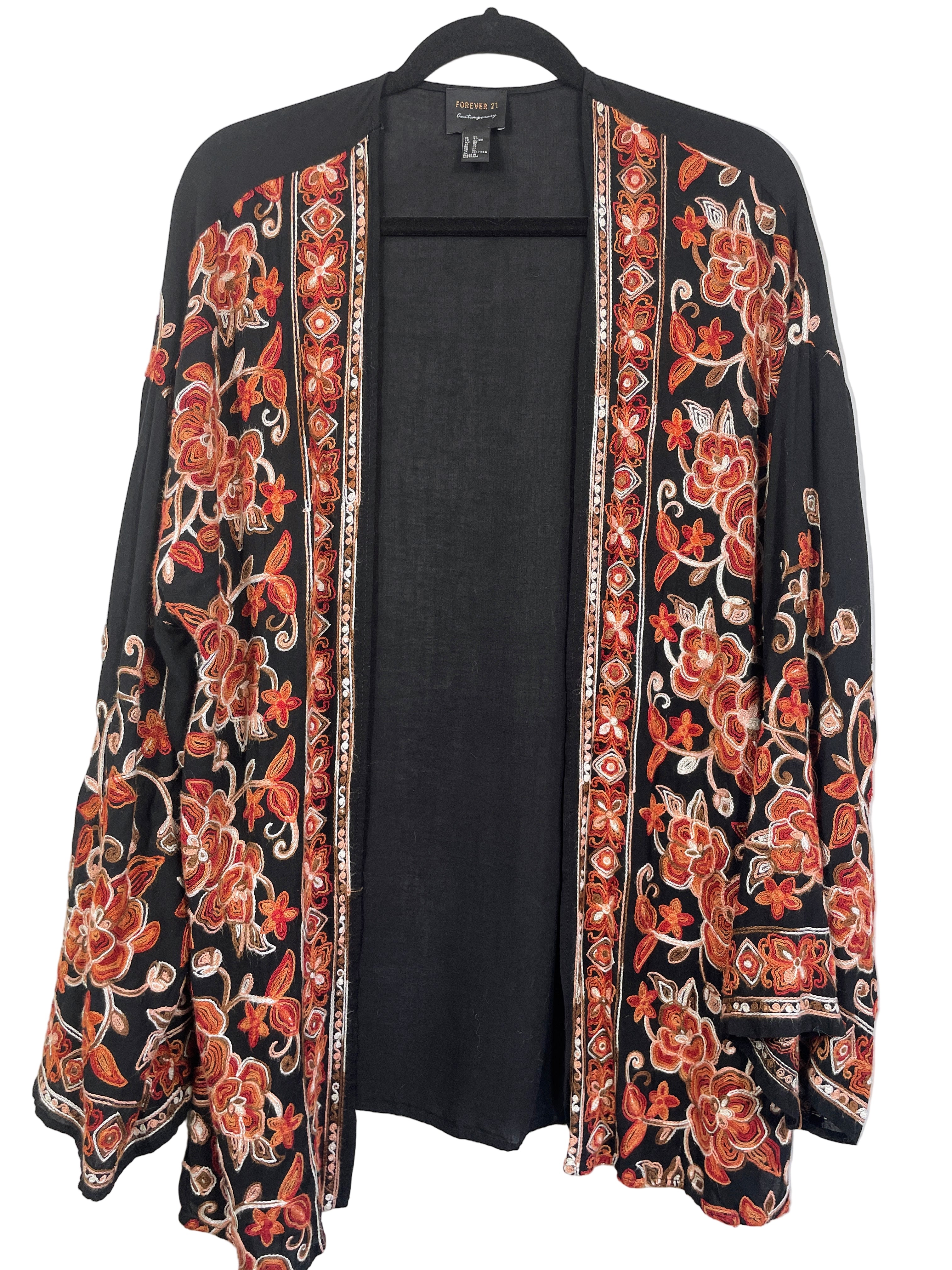 forever 21 black floral cardigan size xl front view